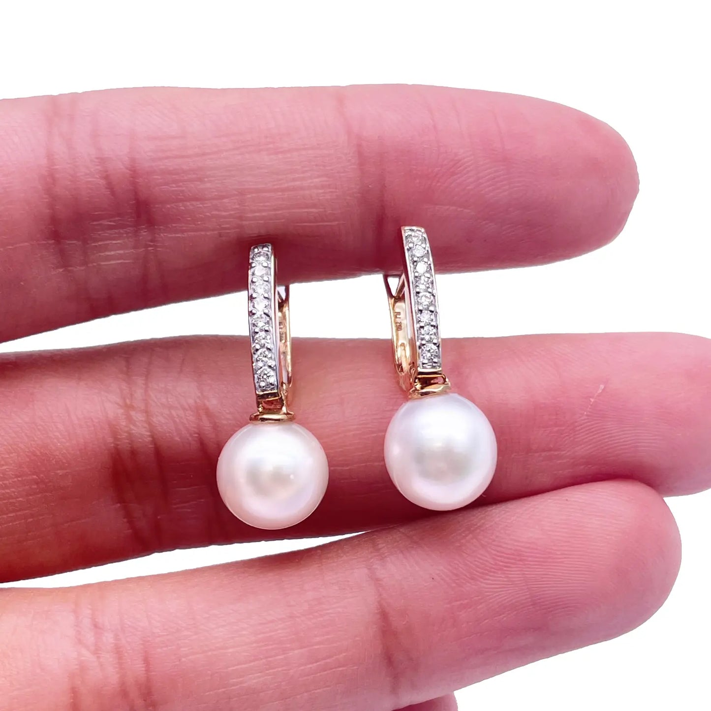 18ct Yellow Gold Freshwater Pearl & Diamonds Drop Hoop Huggie Earrings 0.10cts 