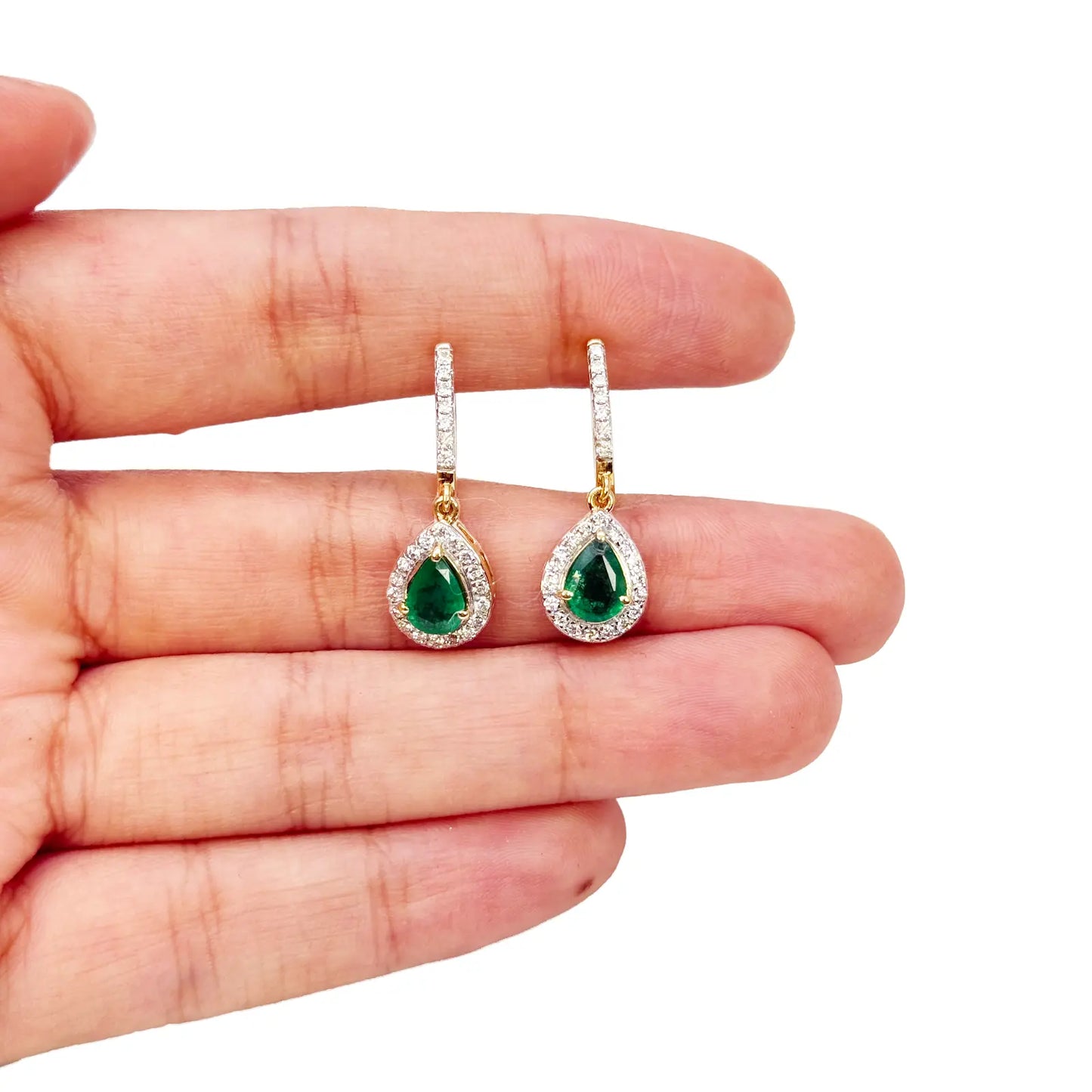 18ct Yellow Gold Natural Diamond & Zambian Emerald Huggie Hoop Earrings 1.48ct 