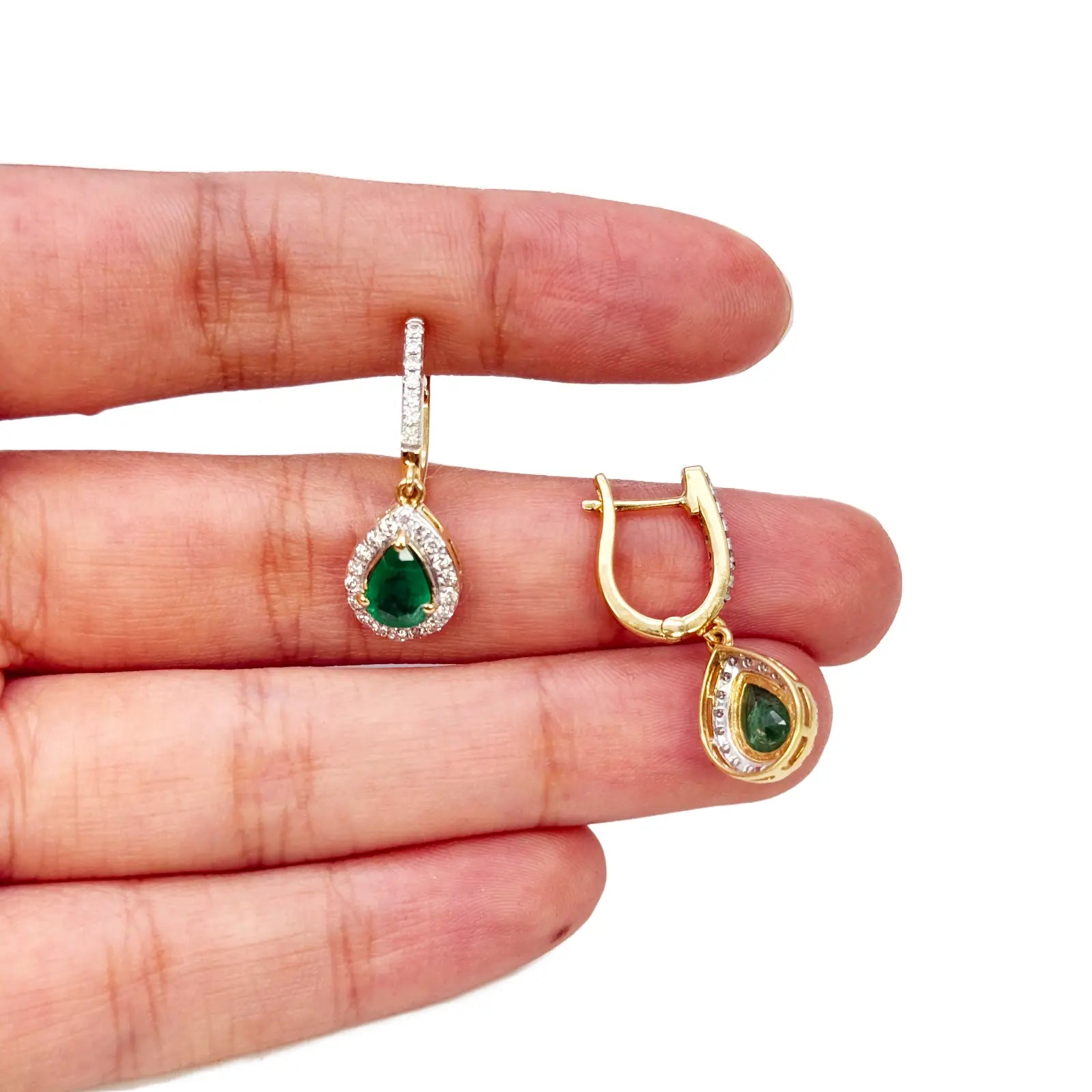 18ct Yellow Gold Natural Diamond & Zambian Emerald Huggie Hoop Earrings 1.48ct 