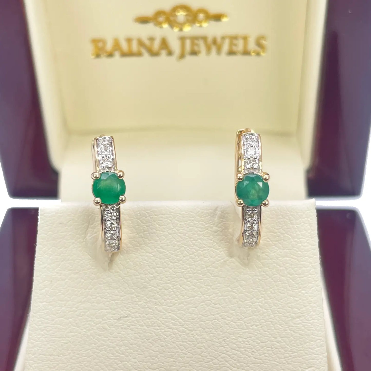 18ct Yellow Gold Natural Emerald Prong & Diamond Huggie Hoop Earrings 0.60ct 