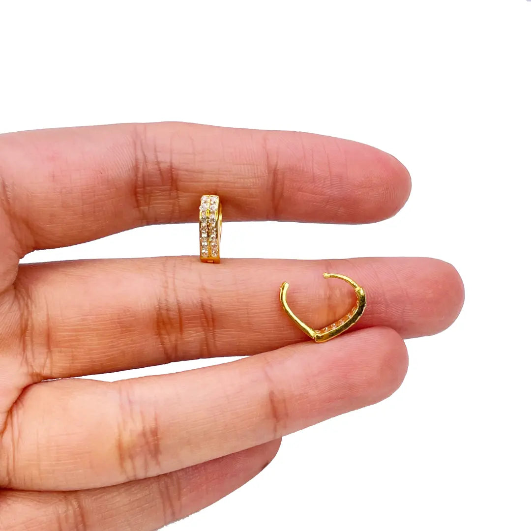 18ct Yellow Gold Pair Of Two Row Cubic Zirconia Hoop Huggie Earrings 6.5mm Diameter 