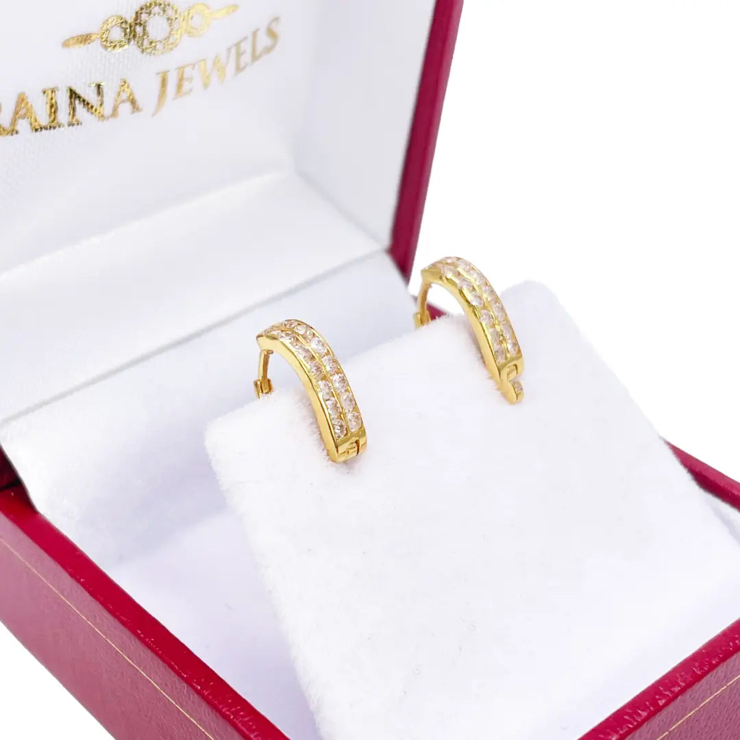 18ct Yellow Gold Pair Of Two Row Cubic Zirconia Hoop Huggie Earrings 6.5mm Diameter 