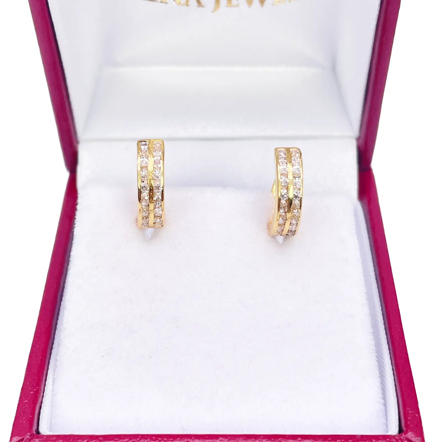 18ct Yellow Gold Pair Of Two Row Cubic Zirconia Hoop Huggie Earrings 8.4mm Diameter 