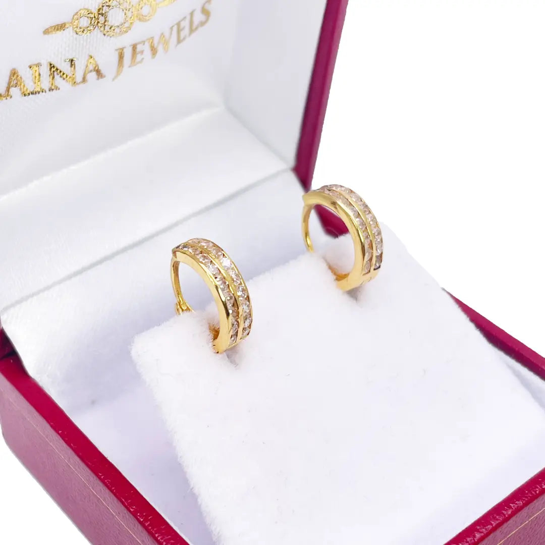 18ct Yellow Gold Pair Of Two Row Cubic Zirconia Hoop Huggie Earrings 8.4mm Diameter 
