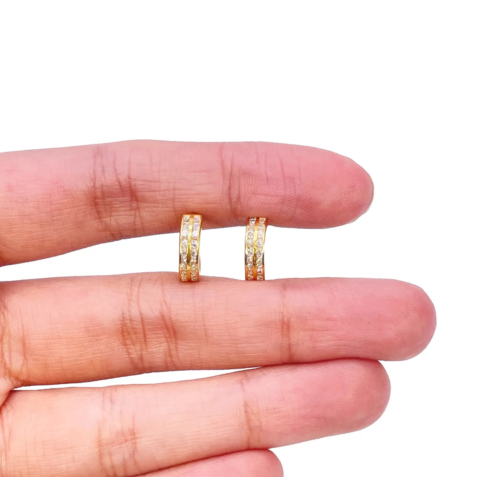 18ct Yellow Gold Pair Of Two Row Cubic Zirconia Hoop Huggie Earrings 8.4mm Diameter 