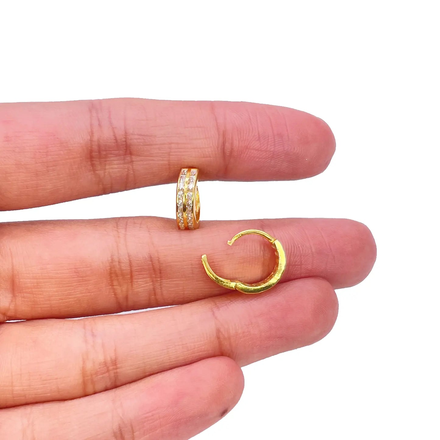 18ct Yellow Gold Pair Of Two Row Cubic Zirconia Hoop Huggie Earrings 8.4mm Diameter 