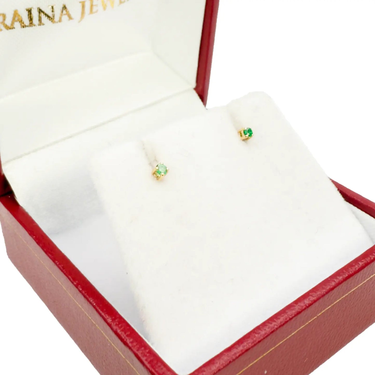 18ct Yellow Gold & Natural Round 4-Claw Emerald Children's Earrings 0.04ct 