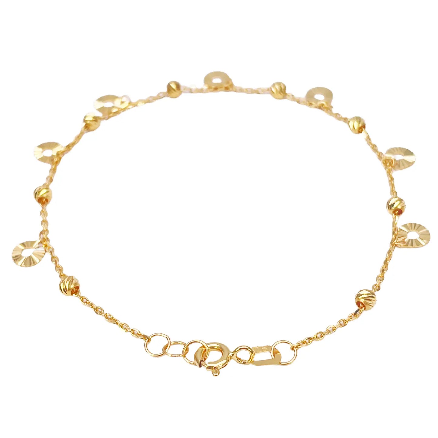 22ct Gold Circle Charm Drop & Diamond Cut Bead Cable Chain Bracelet 7 Inches  Gold Bracelets
