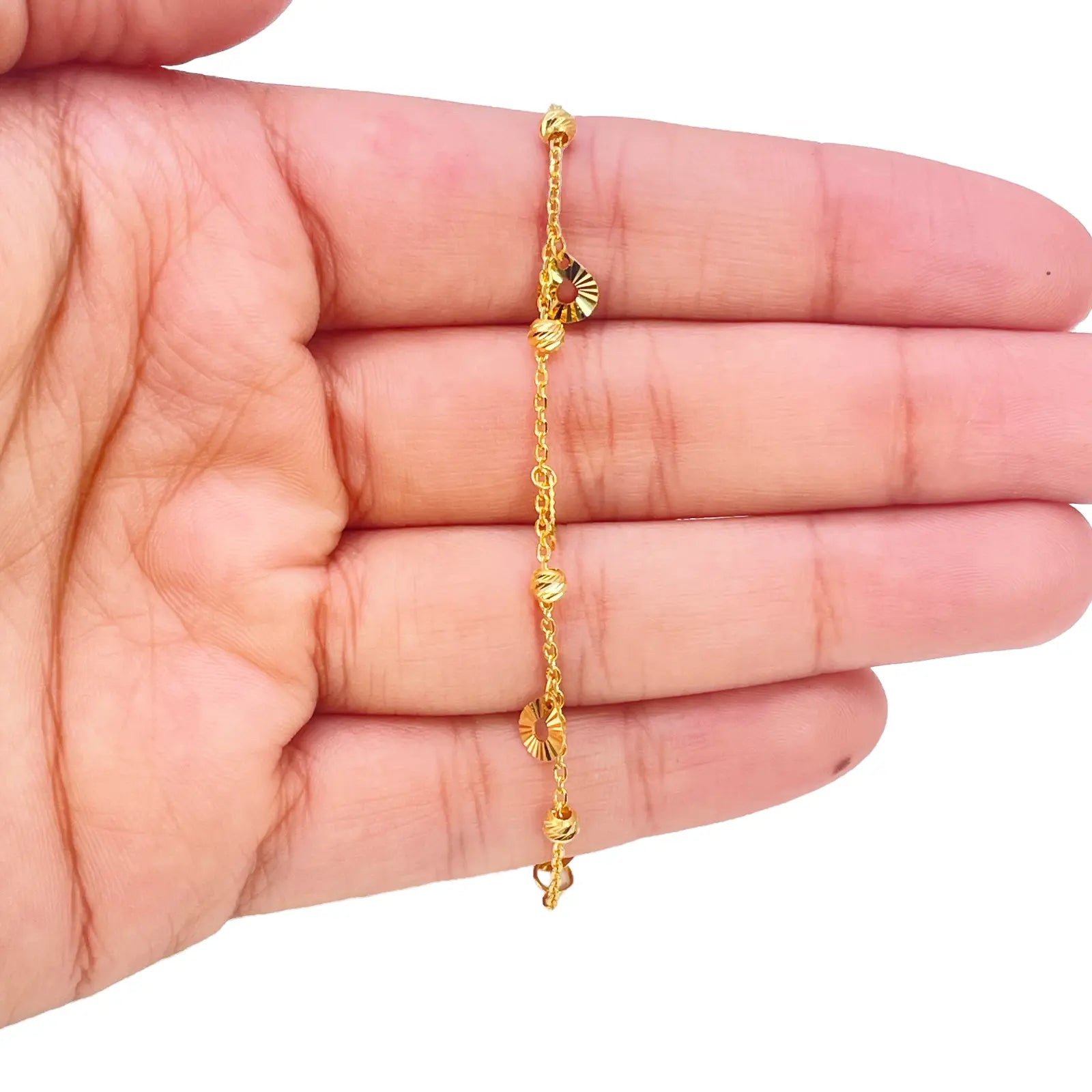 22ct Gold Circle Charm Drop & Diamond Cut Bead Cable Chain Bracelet 7 Inches  Gold Bracelets