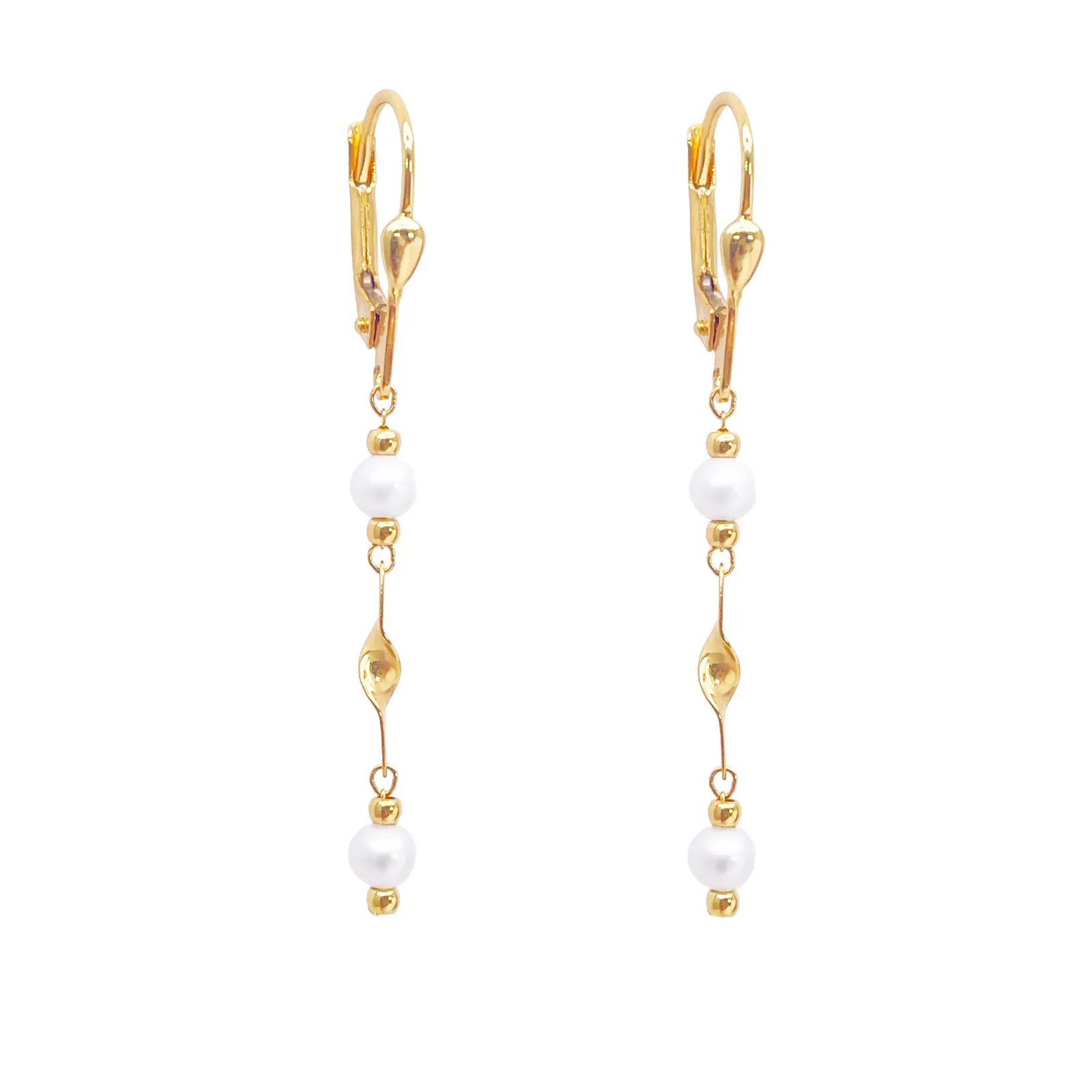 22ct Gold Pearl Drop Earrings Leverback Freshwater Pearl Twisted Design 1.8 Inch 