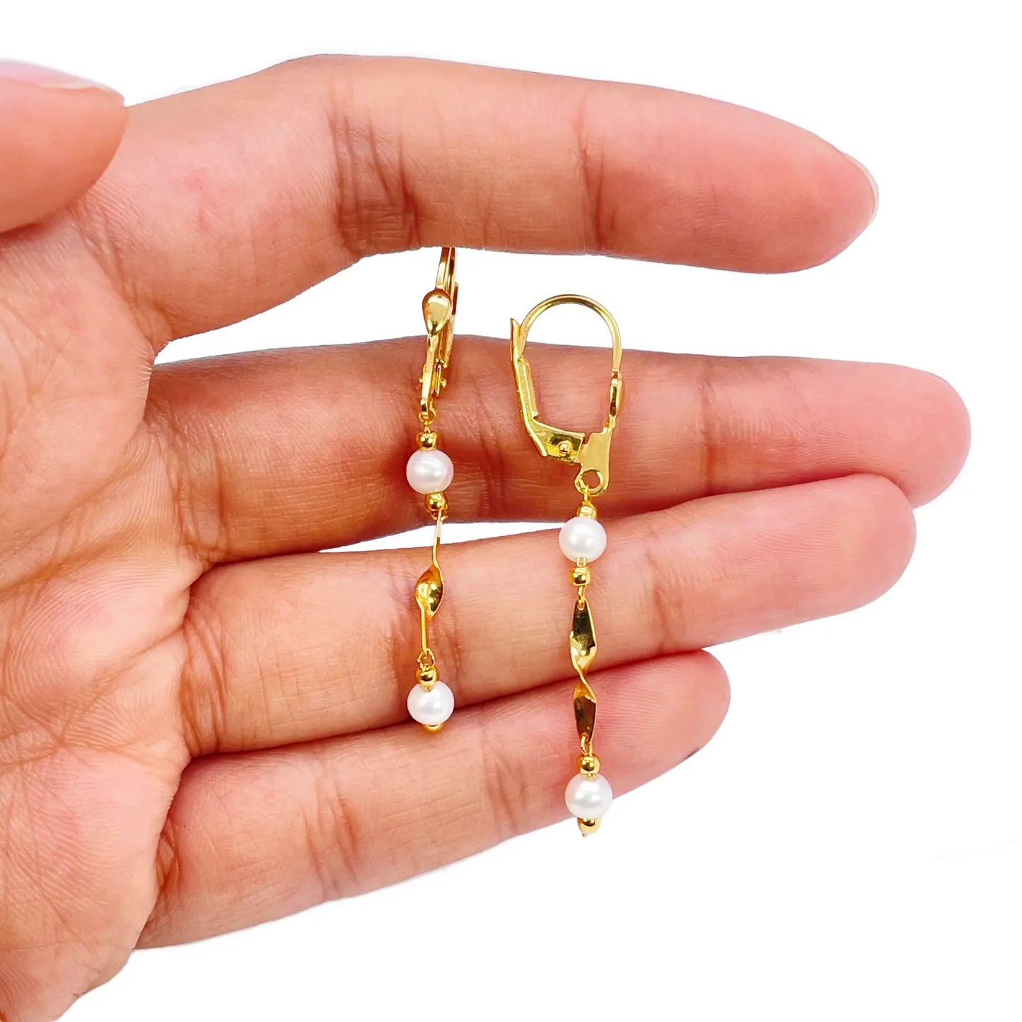 22ct Gold Pearl Drop Earrings Leverback Freshwater Pearl Twisted Design 1.8 Inch 