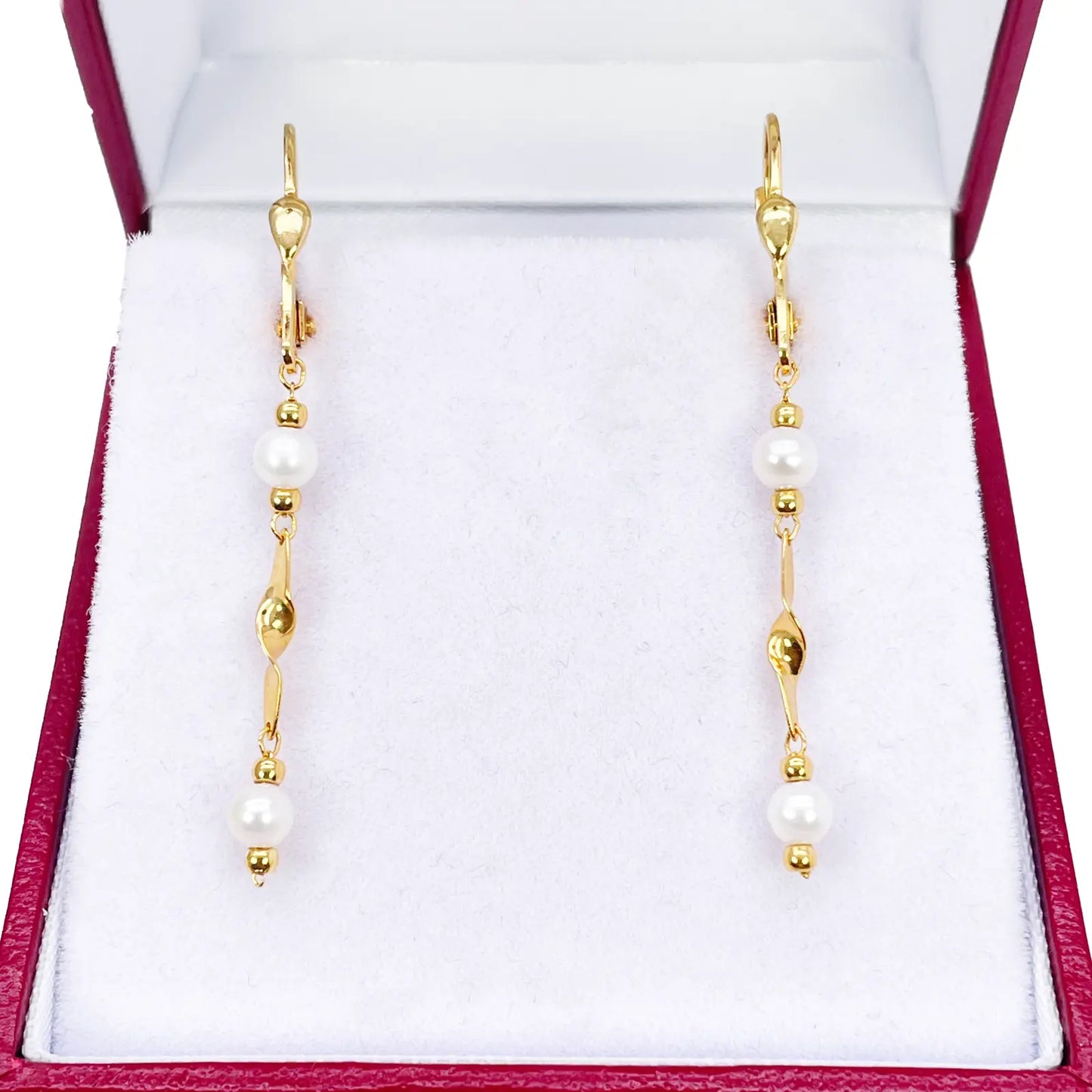 22ct Gold Pearl Drop Earrings Leverback Freshwater Pearl Twisted Design 1.8 Inch 