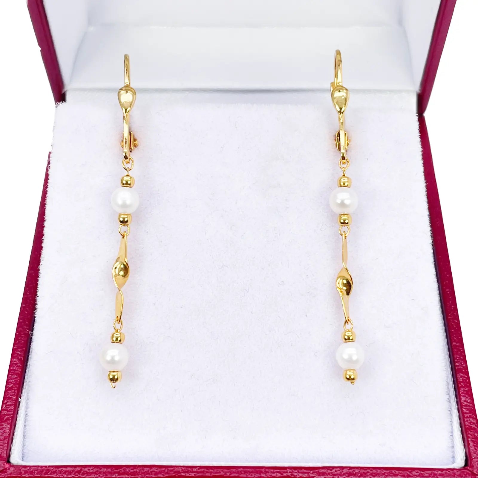 22ct Gold Pearl Drop Earrings Leverback Freshwater Pearl Twisted Design 1.8 Inch 