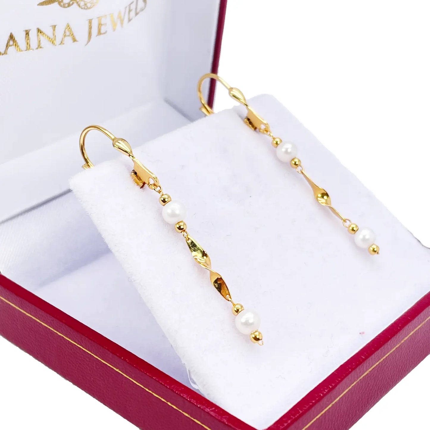 22ct Gold Pearl Drop Earrings Leverback Freshwater Pearl Twisted Design 1.8 Inch 