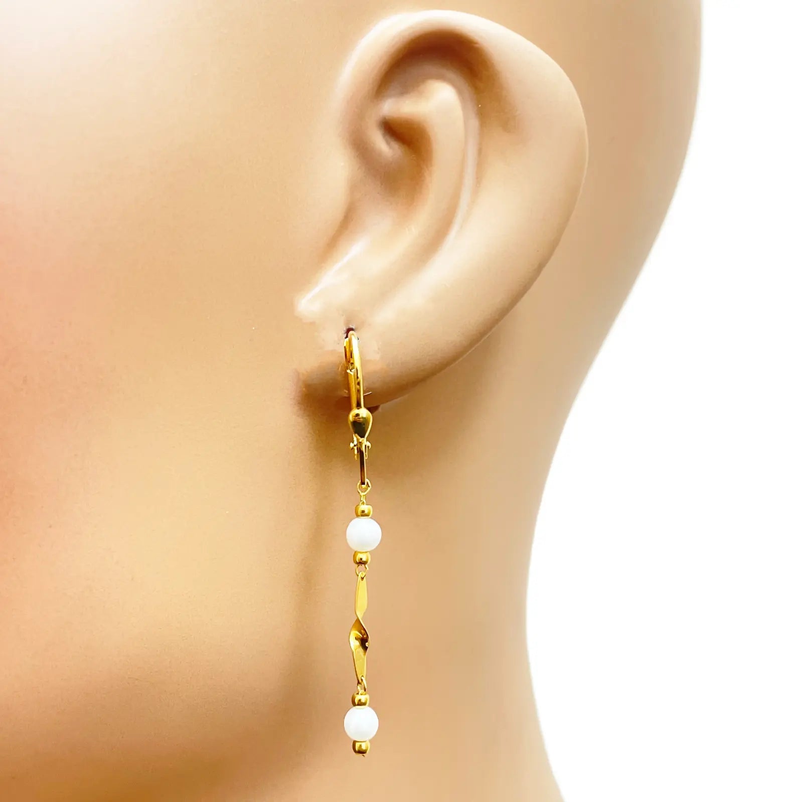 22ct Gold Pearl Drop Earrings Leverback Freshwater Pearl Twisted Design 1.8 Inch 