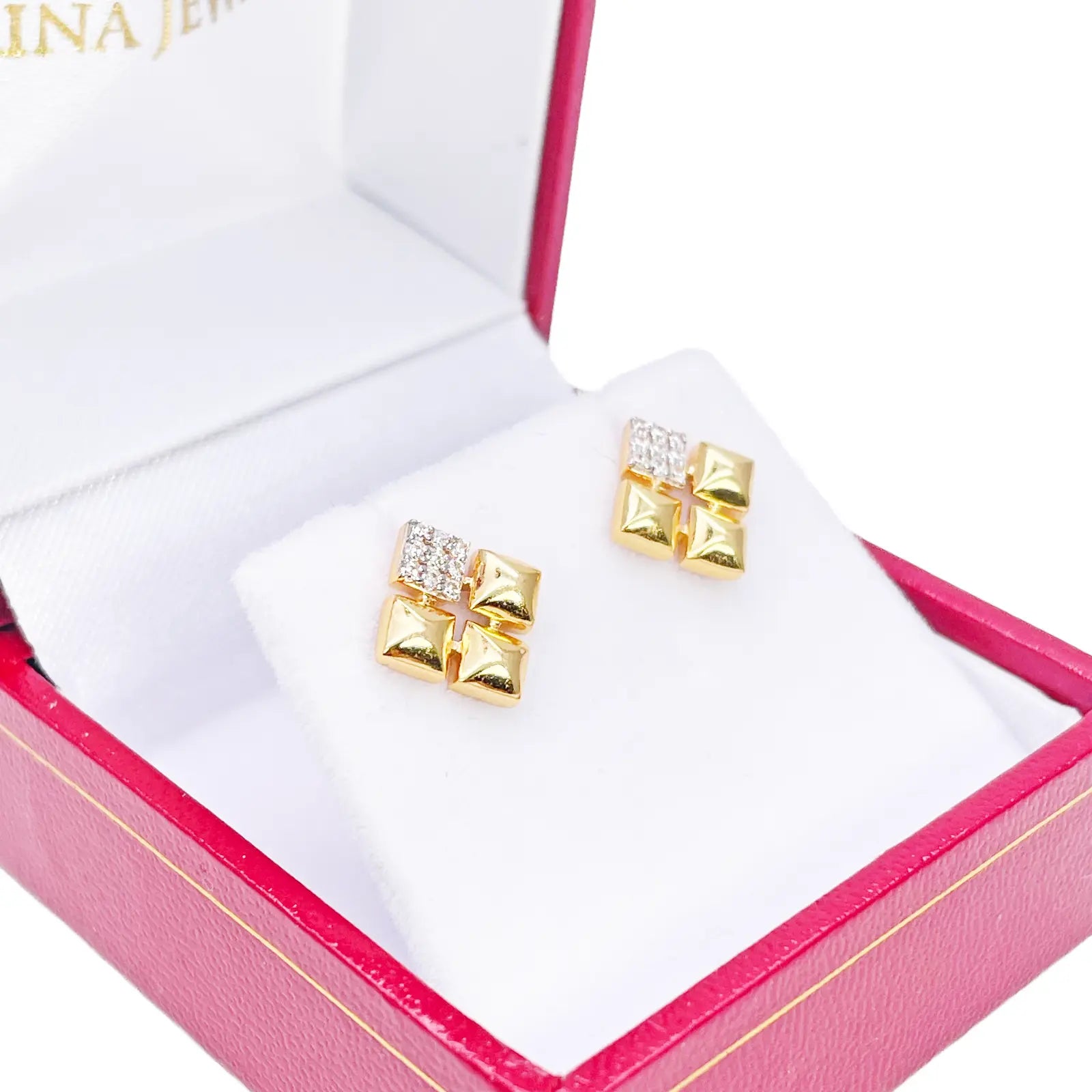 22ct Gold Pyramid Cubic Zirconia Stud Earrings Elegant Geometric Design High Polished 11x11mm 