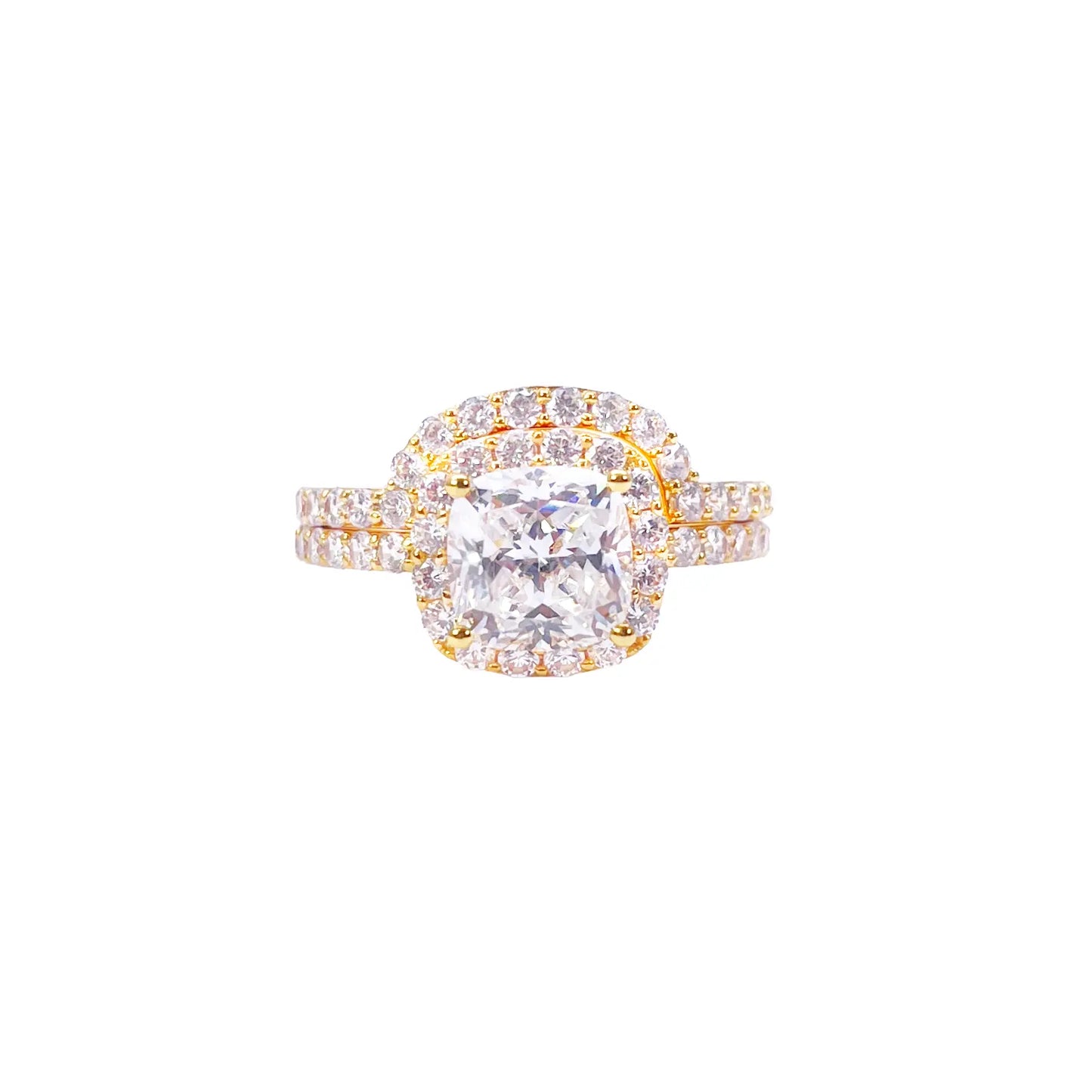 22ct Yellow Gold 4-Claw Cubic Zirconia Cushion Half Eternity Engagement Ring & Matching Band 