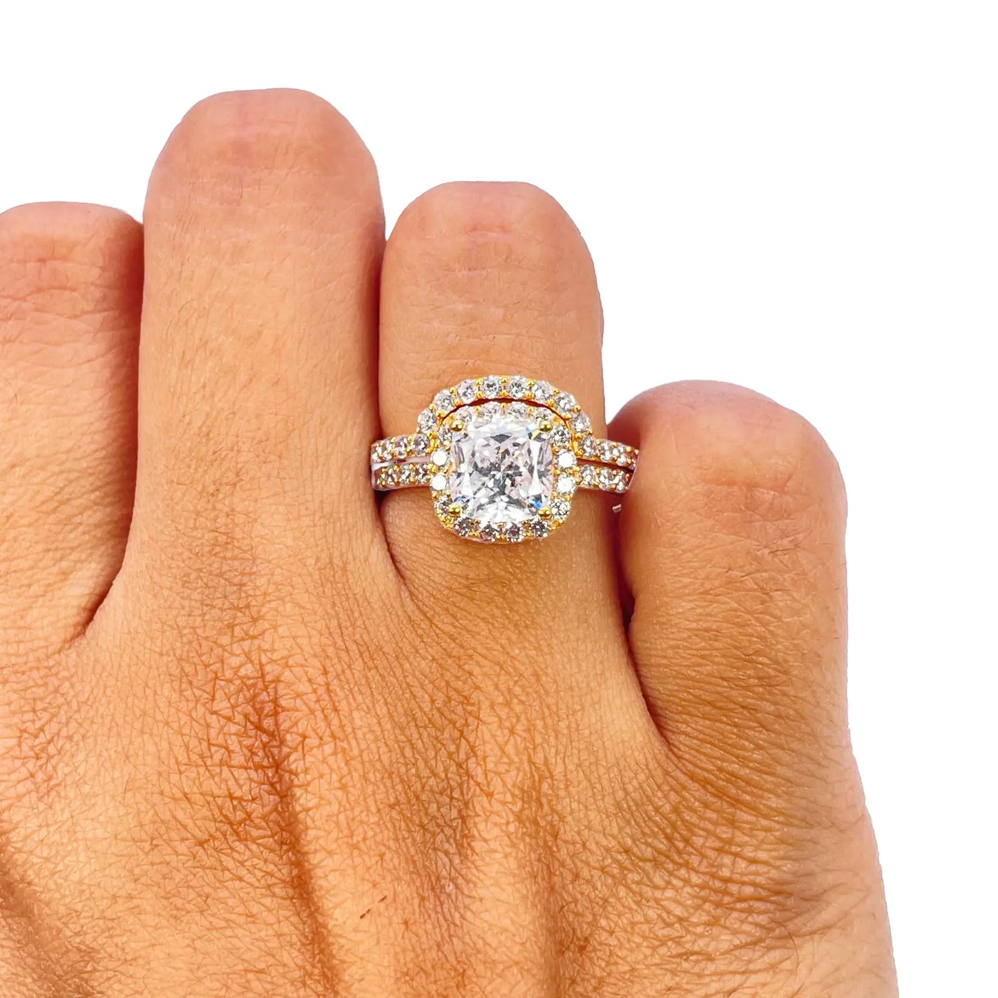 22ct Yellow Gold 4-Claw Cubic Zirconia Cushion Half Eternity Engagement Ring & Matching Band 
