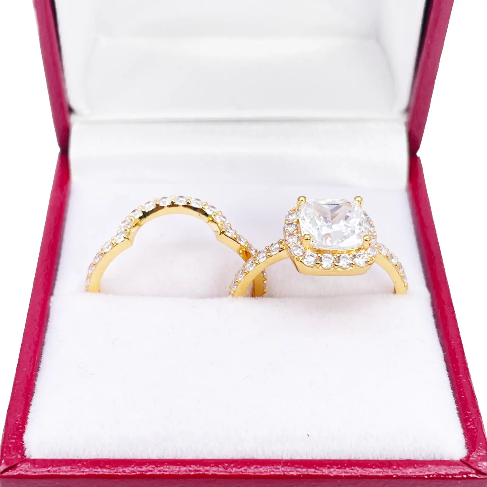 22ct Yellow Gold 4-Claw Cubic Zirconia Cushion Half Eternity Engagement Ring & Matching Band 
