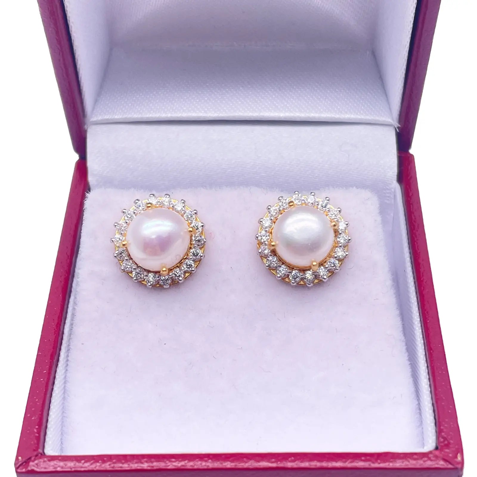22ct Yellow Gold Claw Set Freshwater Pearl & Cubic Zirconia Pair Stud Earrings 