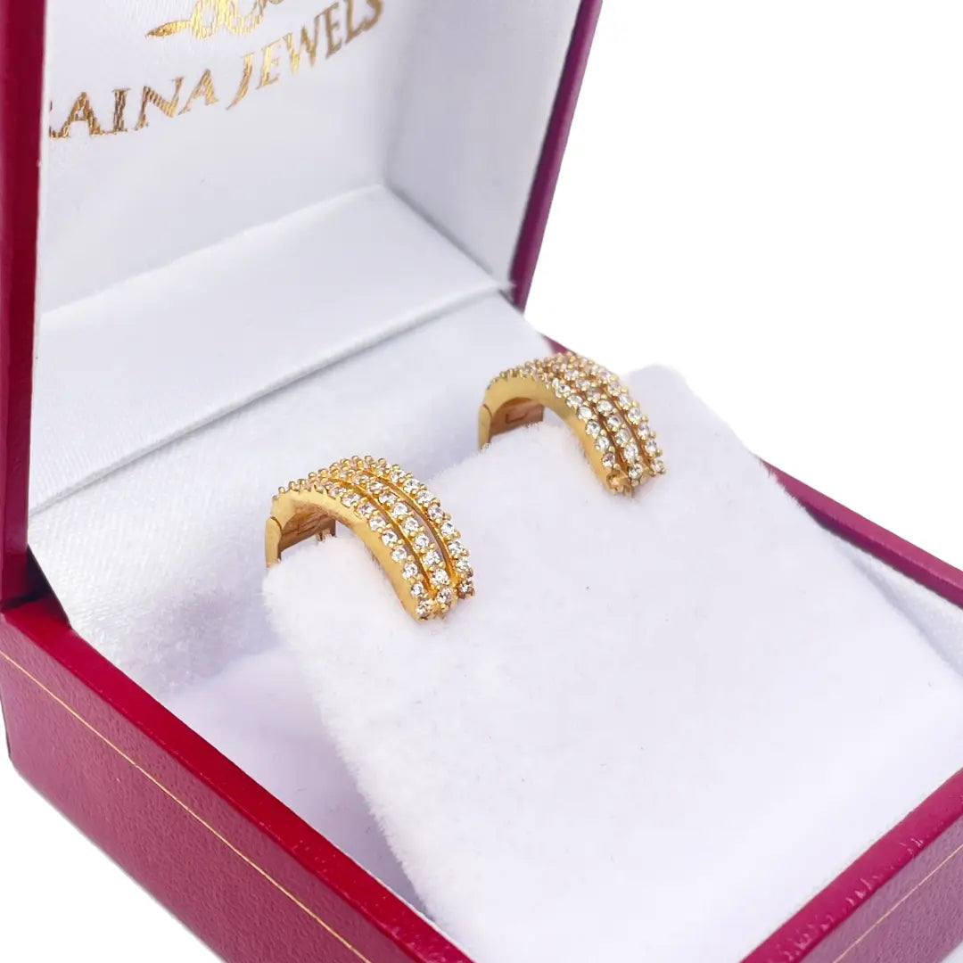 22ct Yellow Gold Cubic Zirconia Cluster Three Row Hoop Huggie Earrings 