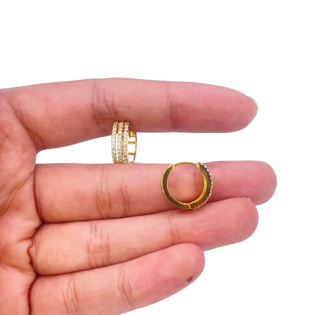 22ct Yellow Gold Cubic Zirconia Cluster Three Row Hoop Huggie Earrings 