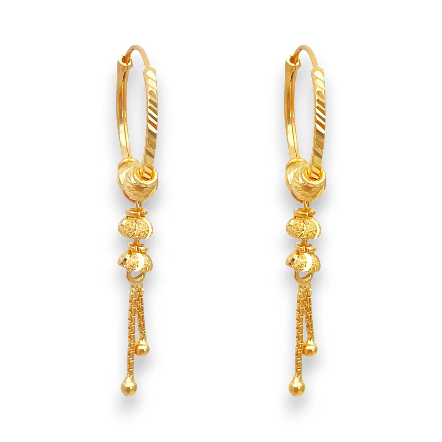 22ct Yellow Gold Diamond-Cut Beaded Drop Huggie Hoop Earrings 14mm  Gold Hoop Earrings