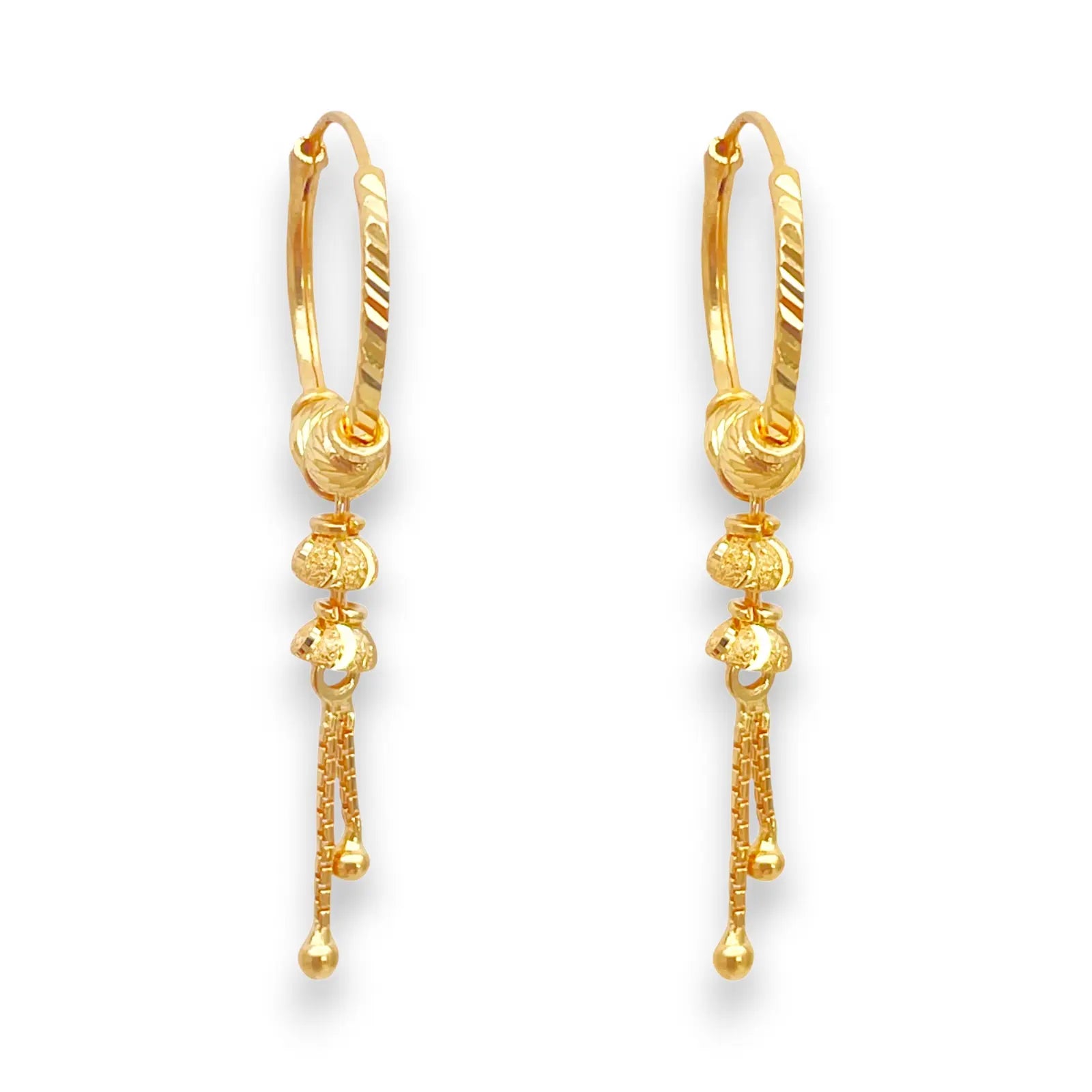 22ct Yellow Gold Diamond-Cut Beaded Drop Huggie Hoop Earrings 14mm  Gold Hoop Earrings