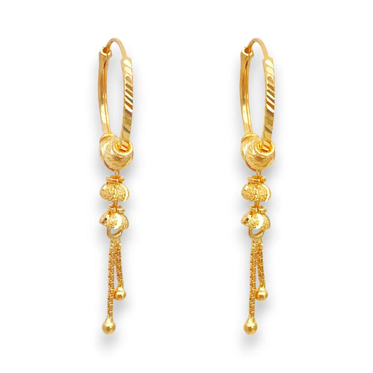 22ct Yellow Gold Diamond-Cut Beaded Drop Huggie Hoop Earrings 14mm  Gold Hoop Earrings