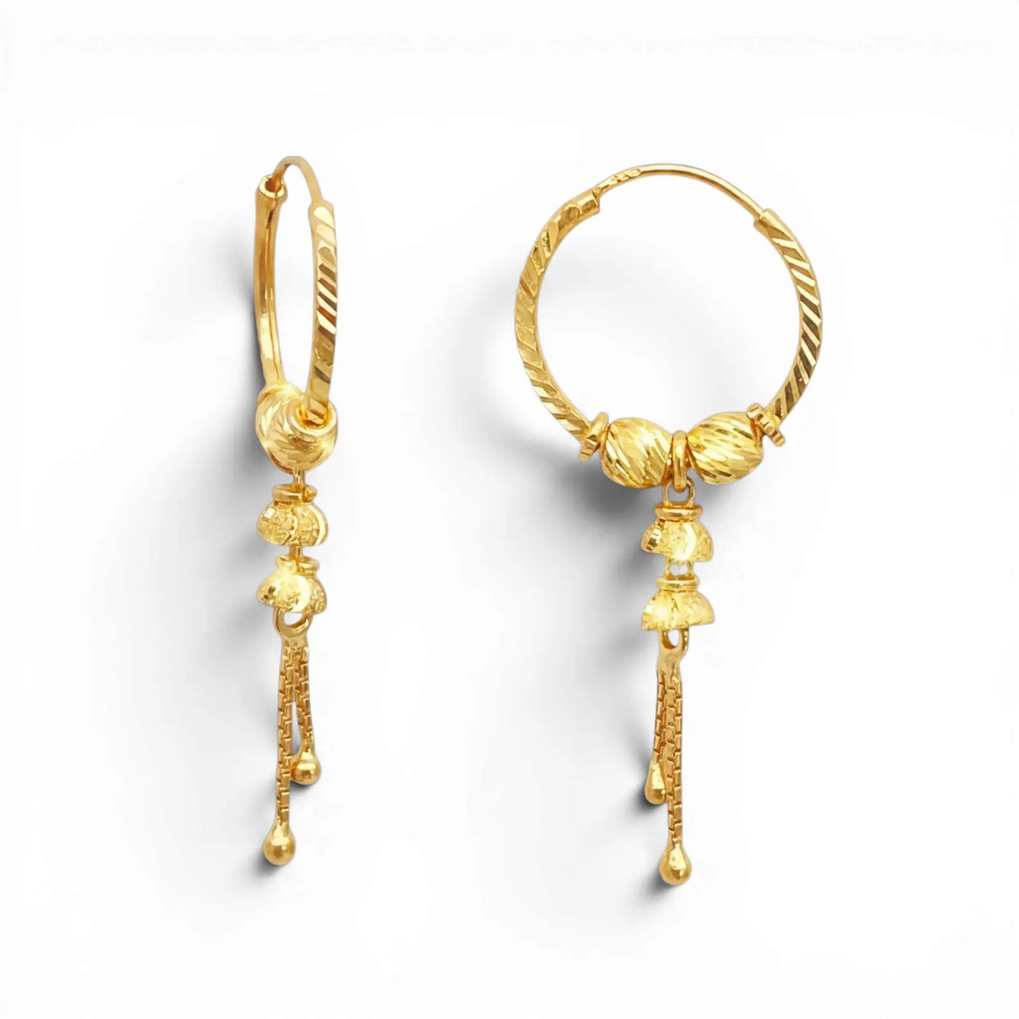 22ct Yellow Gold Diamond-Cut Beaded Drop Huggie Hoop Earrings 14mm  Gold Hoop Earrings