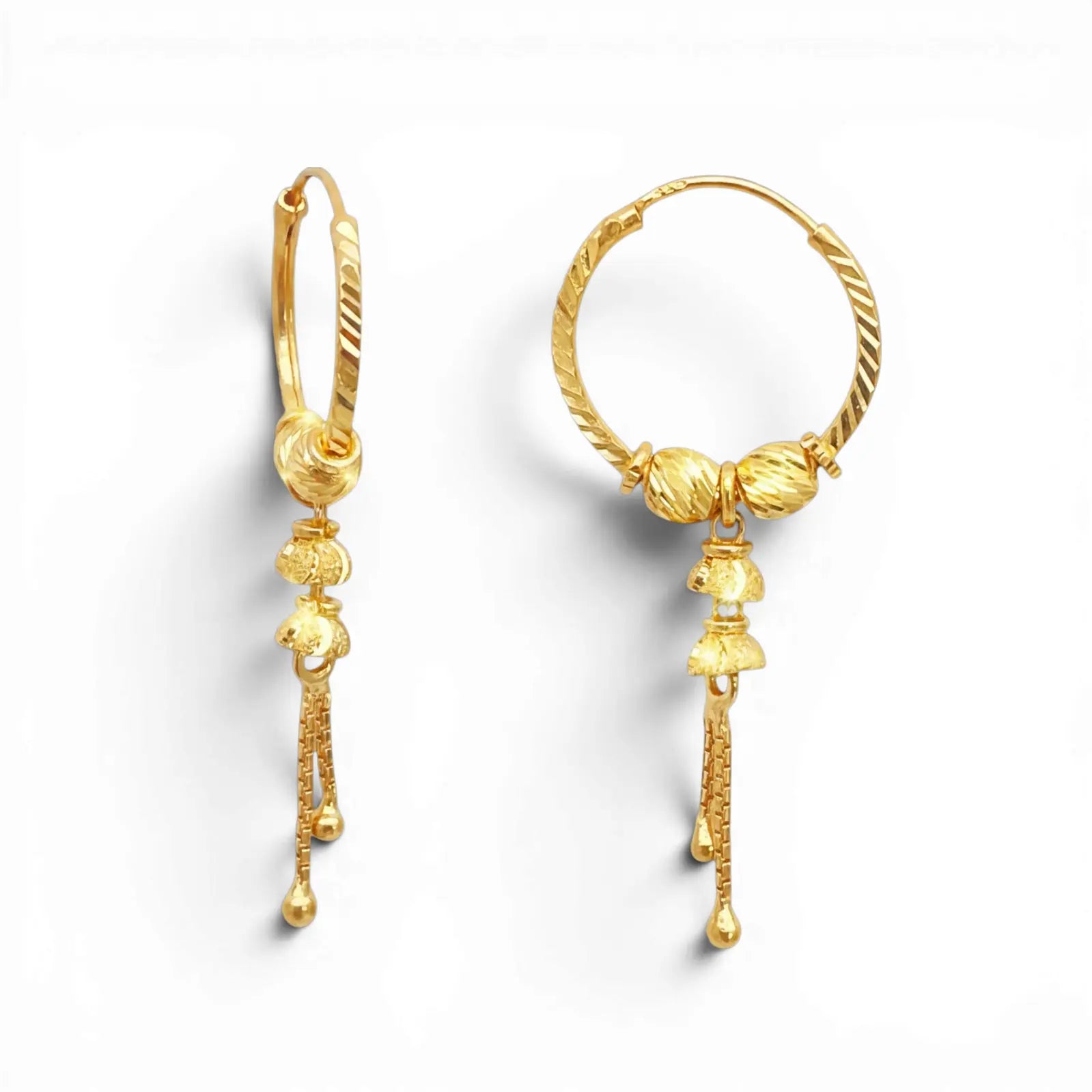 22ct Yellow Gold Diamond-Cut Beaded Drop Huggie Hoop Earrings 14mm  Gold Hoop Earrings