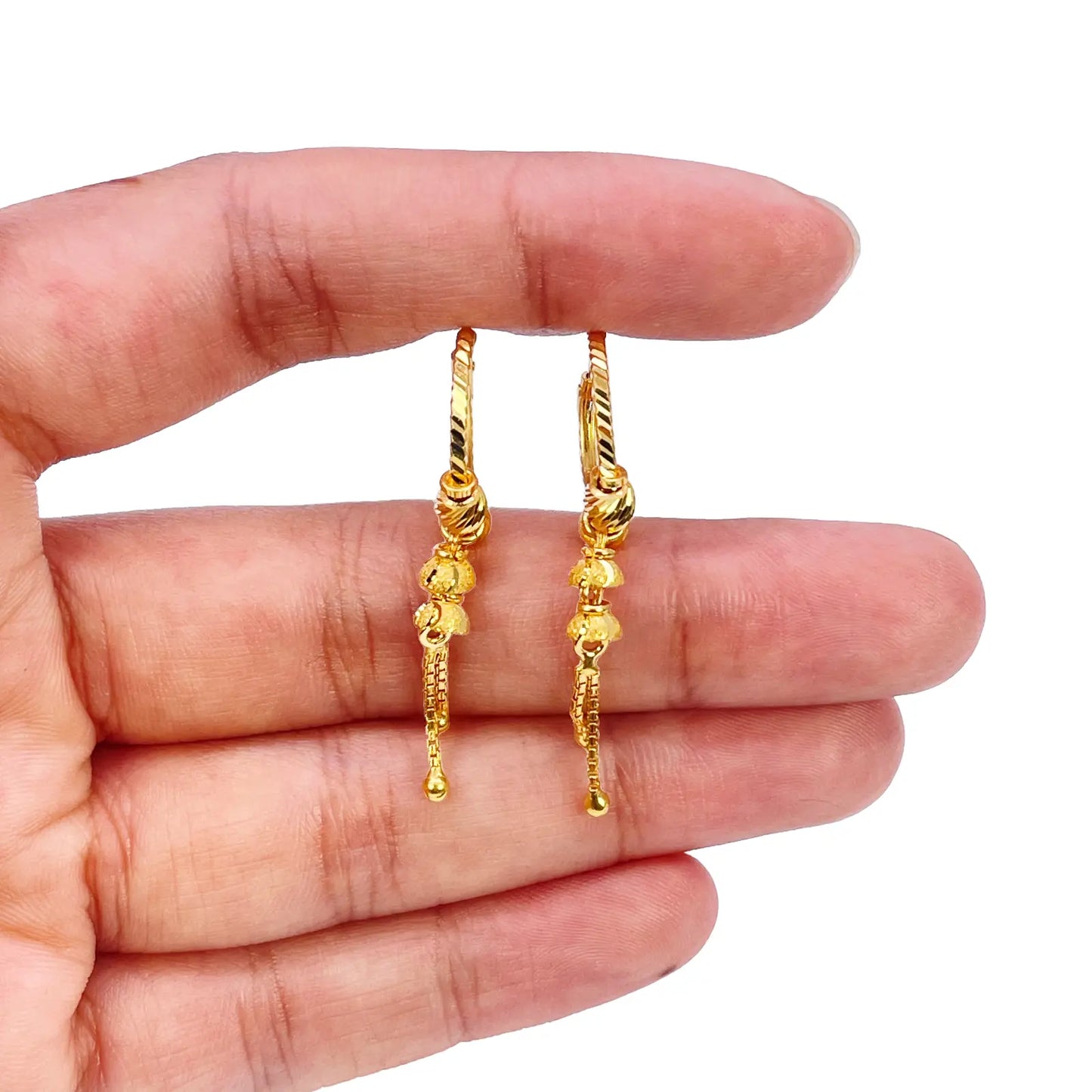 22ct Yellow Gold Diamond-Cut Beaded Drop Huggie Hoop Earrings 14mm  Gold Hoop Earrings