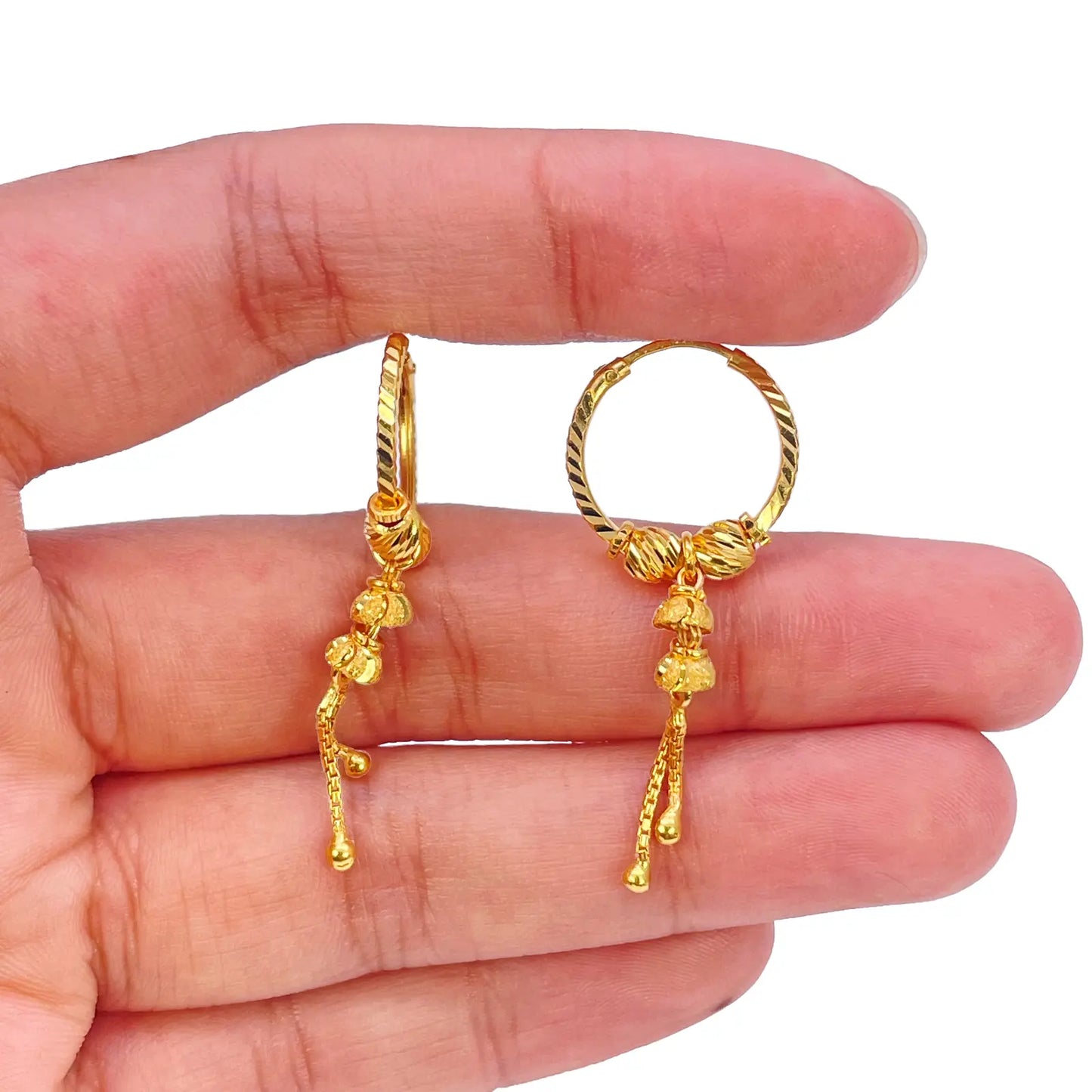 22ct Yellow Gold Diamond-Cut Beaded Drop Huggie Hoop Earrings 14mm  Gold Hoop Earrings