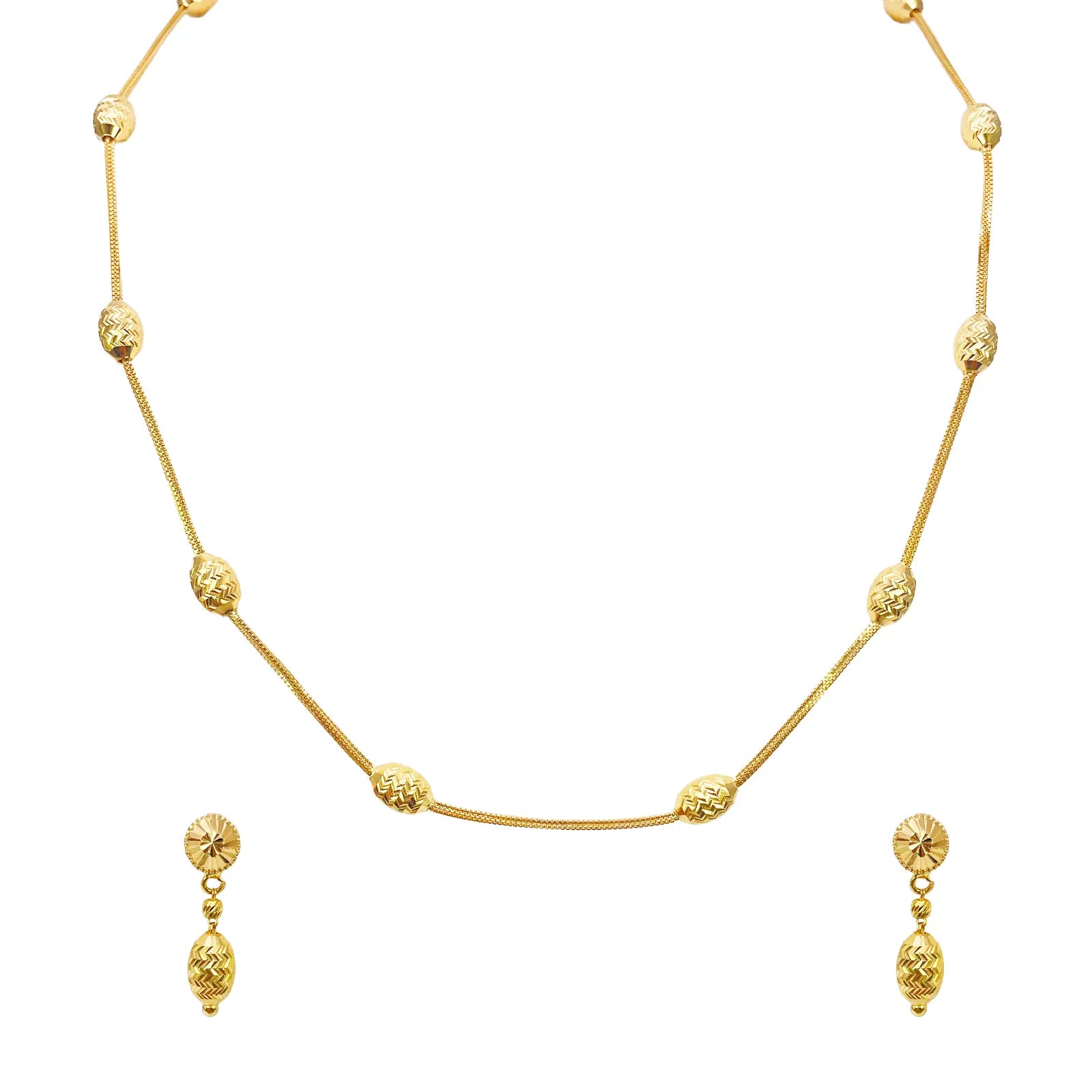 22ct Yellow Gold Diamond Cut Beaded Slip-On Necklace & Matching Drop Earrings 