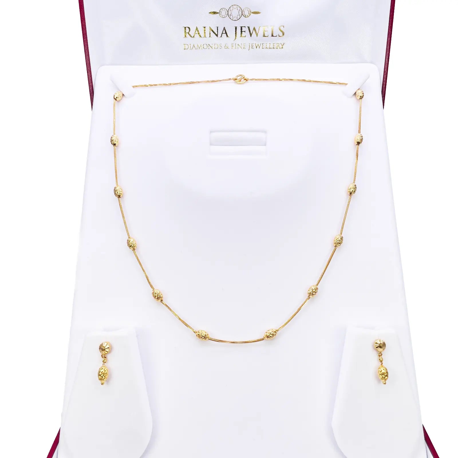 22ct Yellow Gold Diamond Cut Beaded Slip-On Necklace & Matching Drop Earrings 