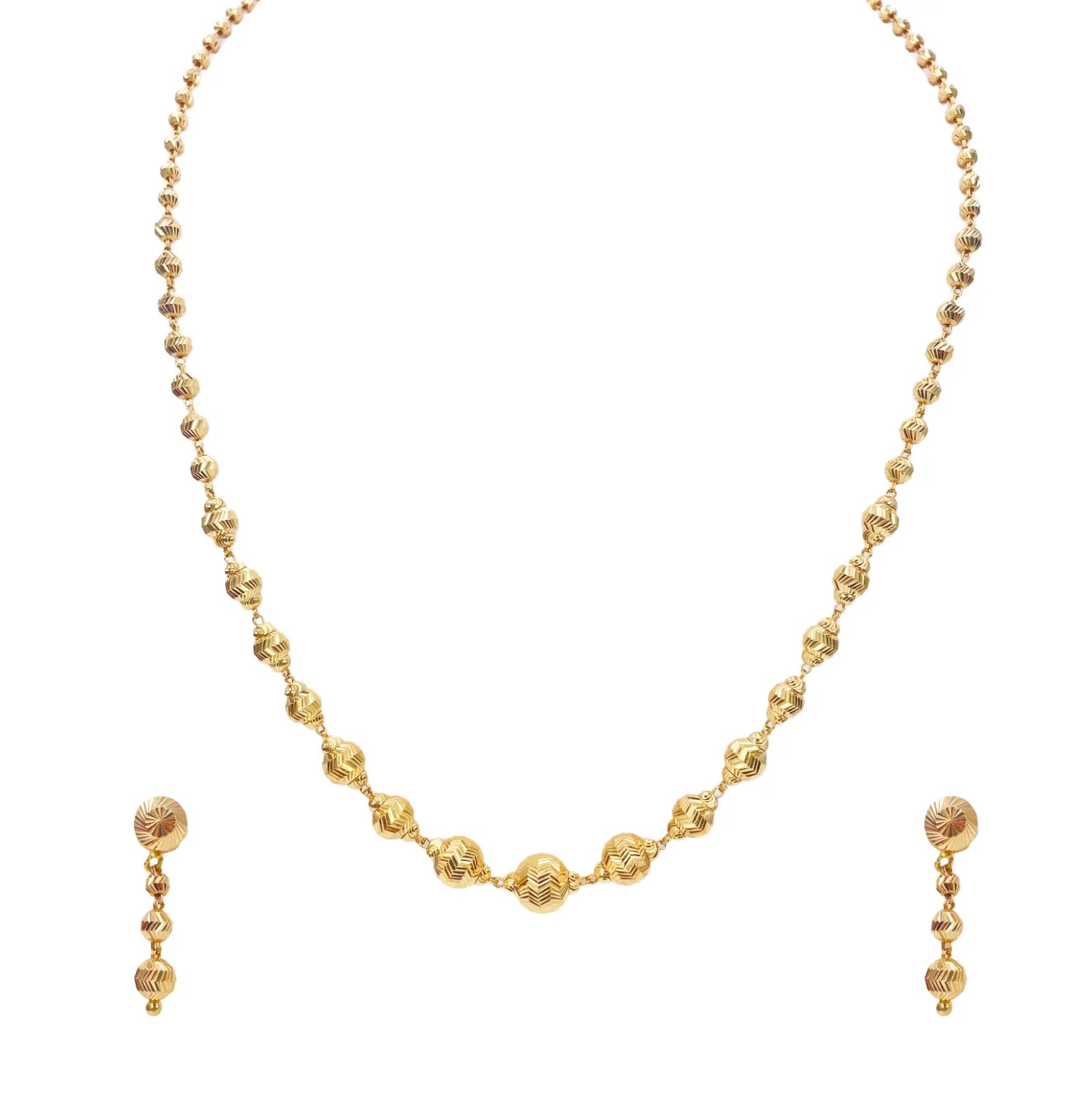 22ct Yellow Gold Diamond Cut Graduated Beaded Slip-On Necklace & Drop Earrings 