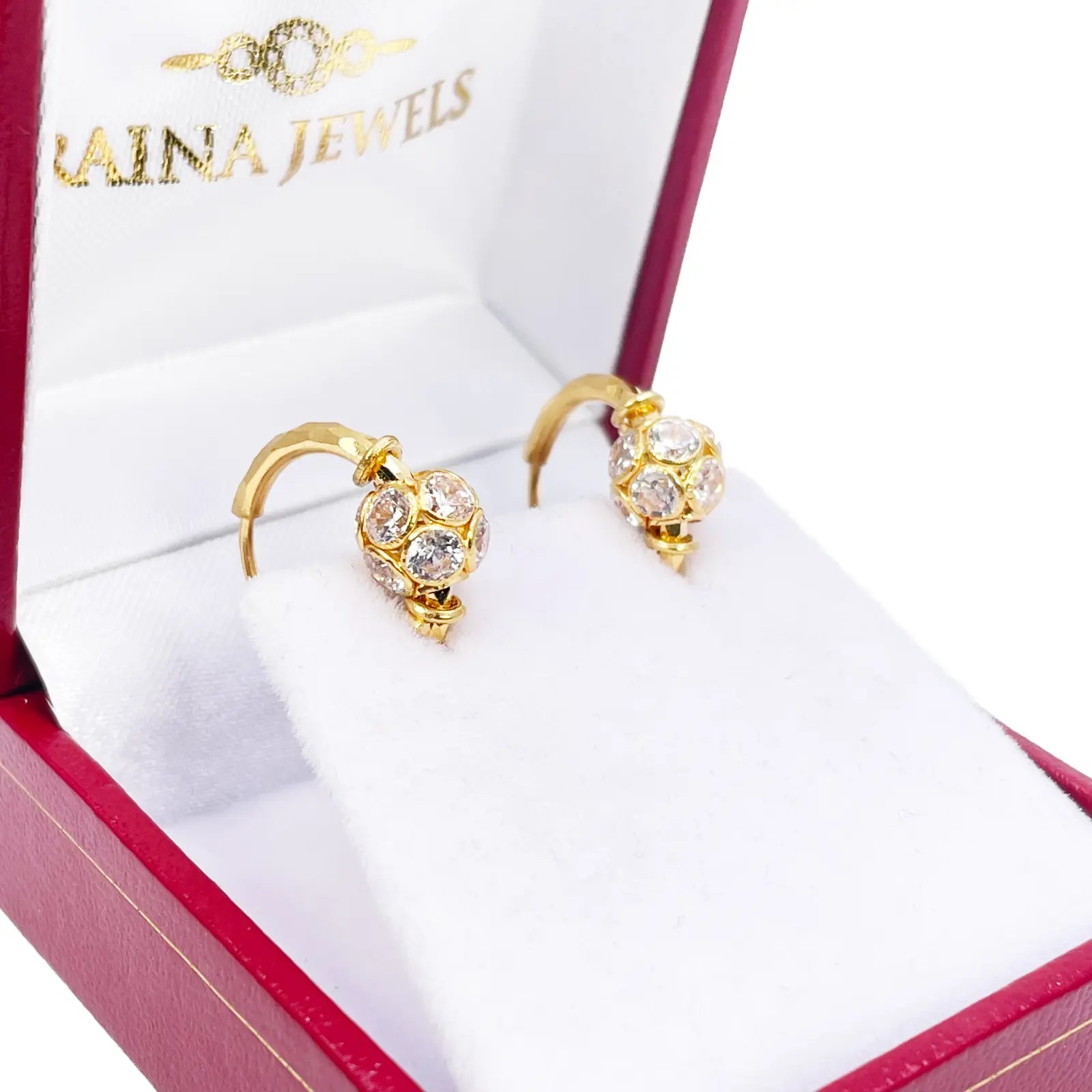 22ct Yellow Gold Diamond Cut Sparkly Cubic Zirconia Ball Hoop Huggie Earrings 11.5mm Diameter 