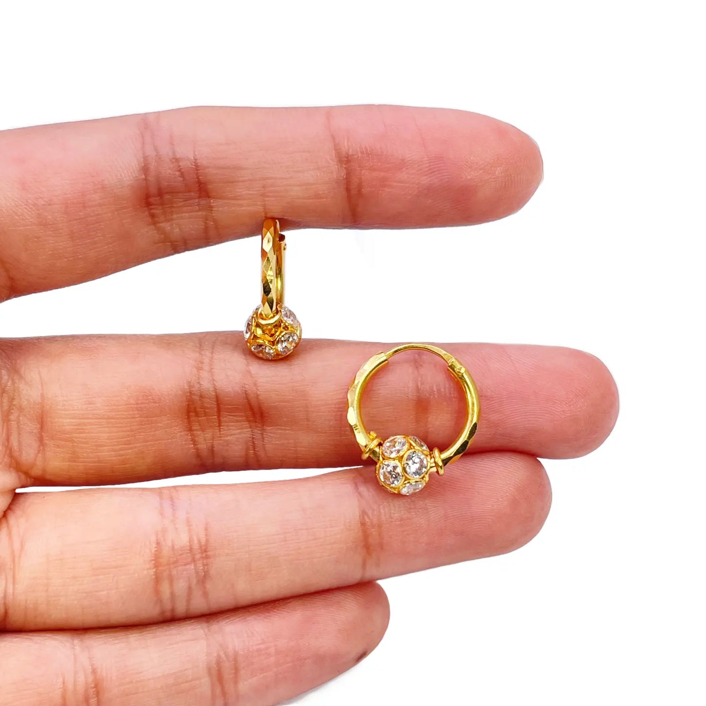 22ct Yellow Gold Diamond Cut Sparkly Cubic Zirconia Ball Hoop Huggie Earrings 11.5mm Diameter 