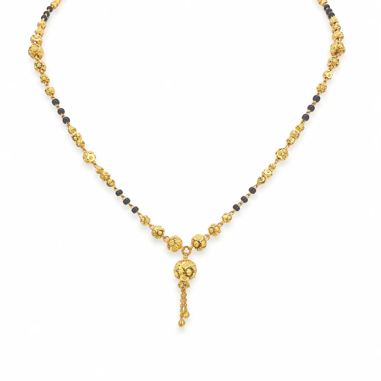 22ct Yellow Gold Diamond-Cut Textured Bead Tassel Drop Black Bead Mangalsutra Necklace  Gold Mangalsutra