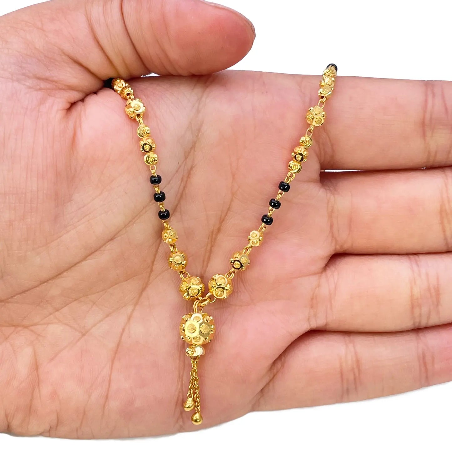 22ct Yellow Gold Diamond-Cut Textured Bead Tassel Drop Black Bead Mangalsutra Necklace  Gold Mangalsutra