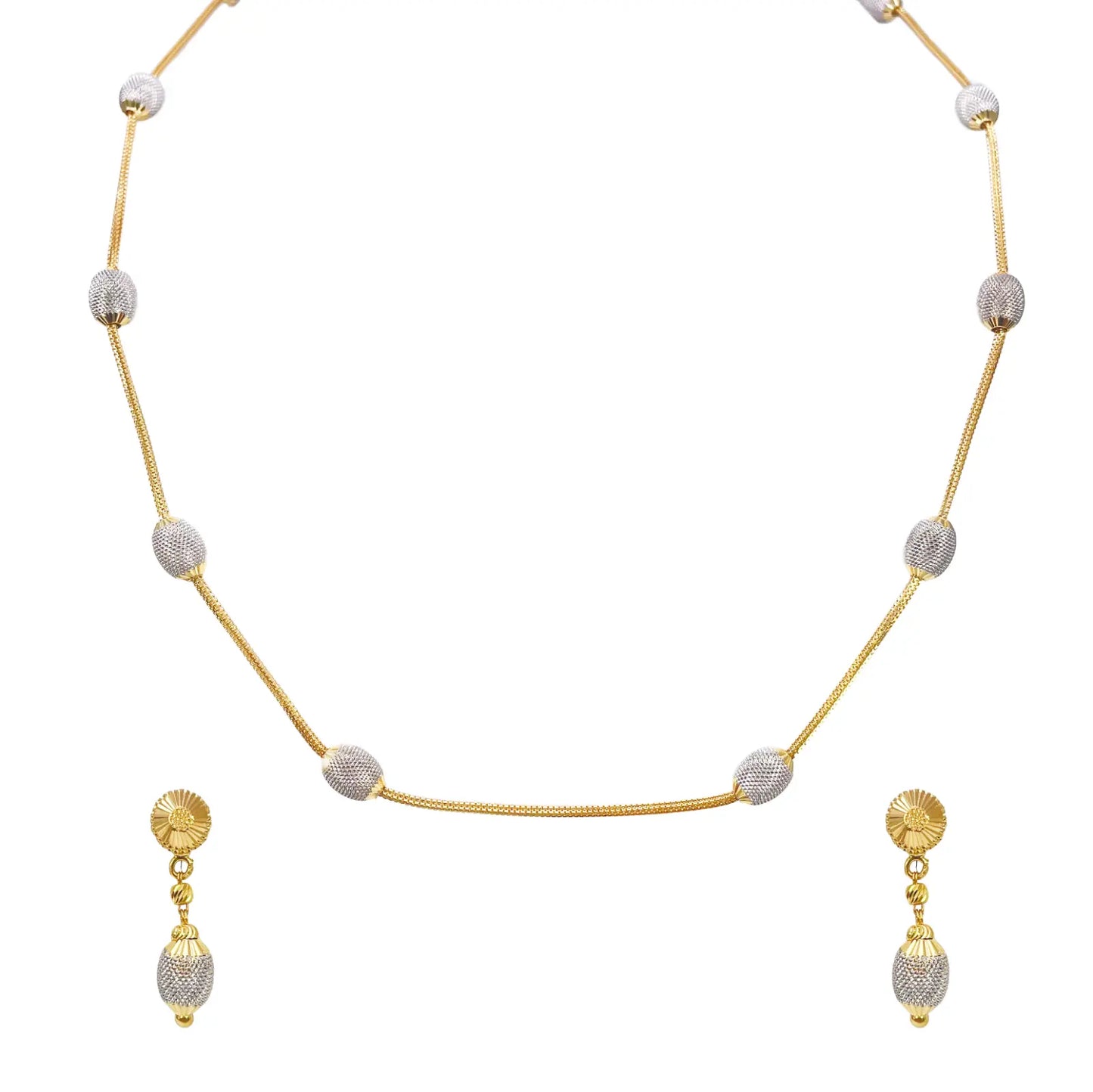 22ct Yellow Gold Diamond Cut Two Tone Beaded Slip-On Necklace & Drop Earrings 