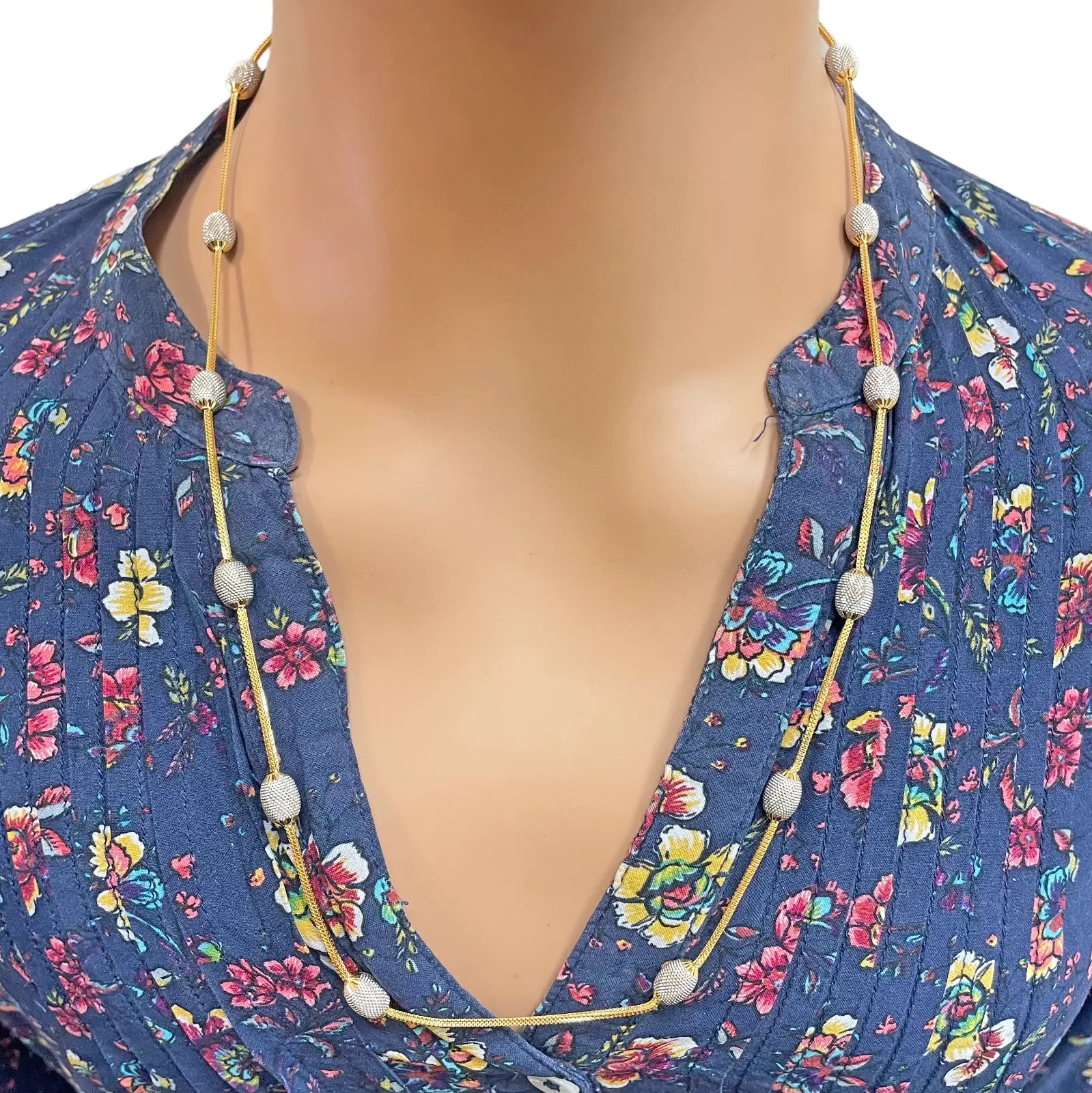 22ct Yellow Gold Diamond Cut Two Tone Beaded Slip-On Necklace & Drop Earrings 