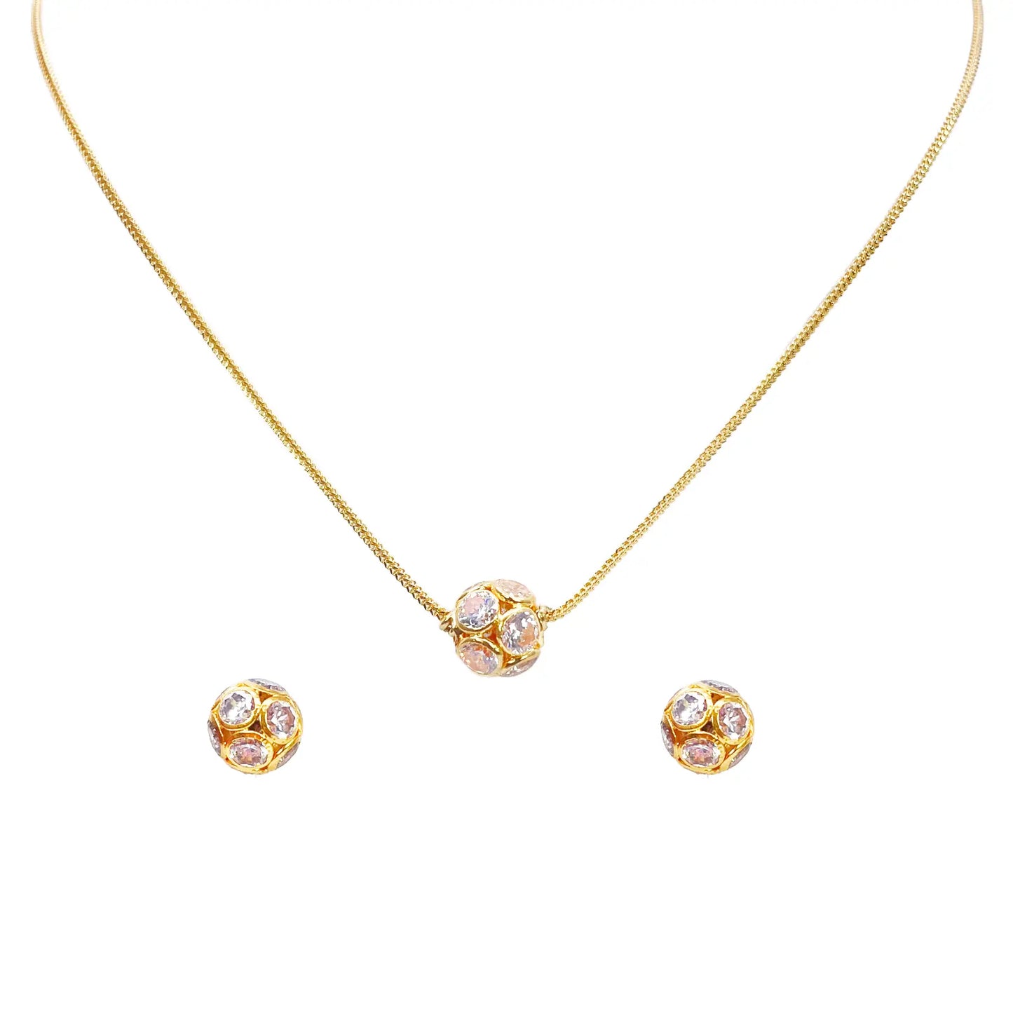 22ct Yellow Gold Fancy Ladies Sparkly Ball 16 Inch Necklace & Stud Earrings Set 
