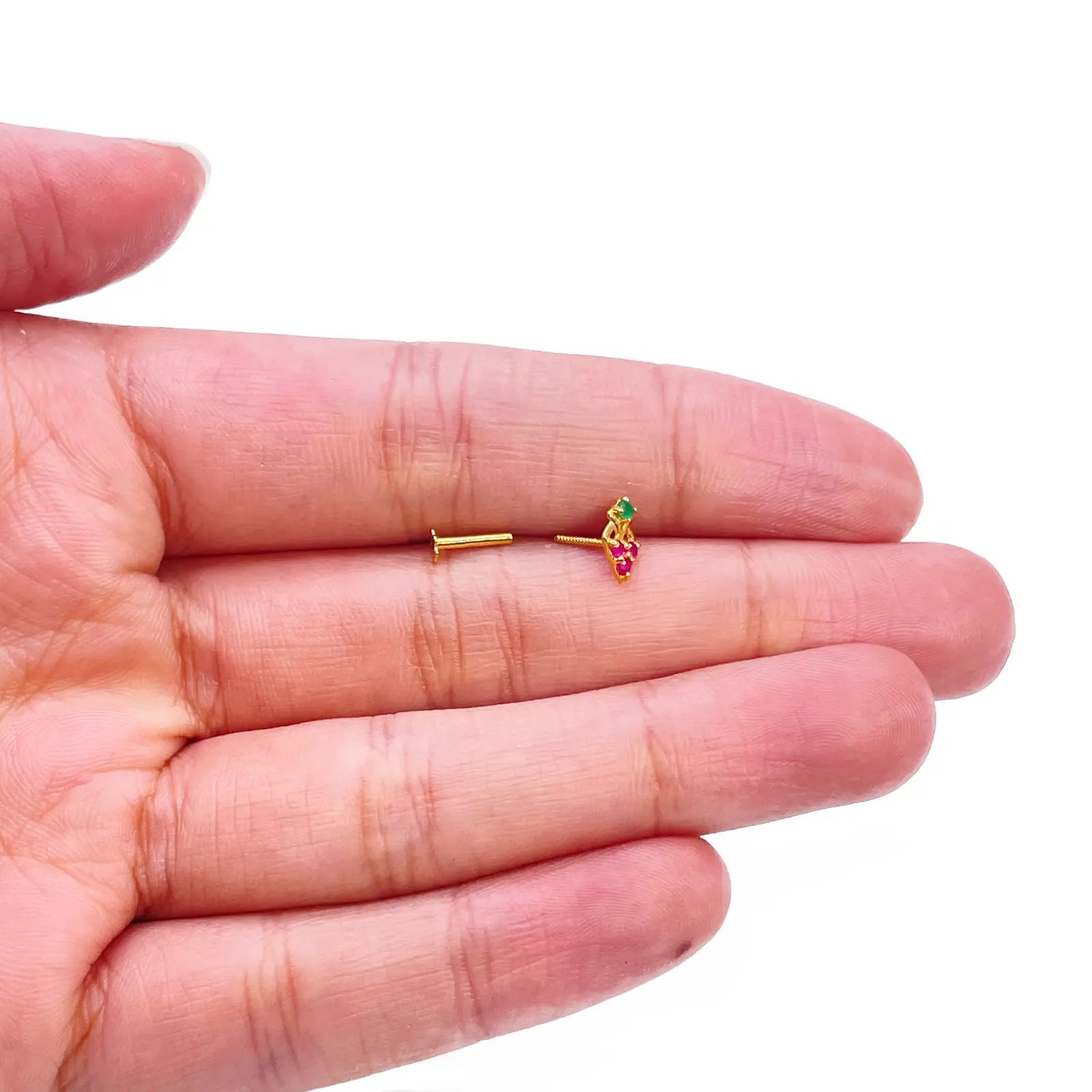 22ct Yellow Gold Fruit Red & Green Gemstone Nose Pin/Stud 4mm Width 