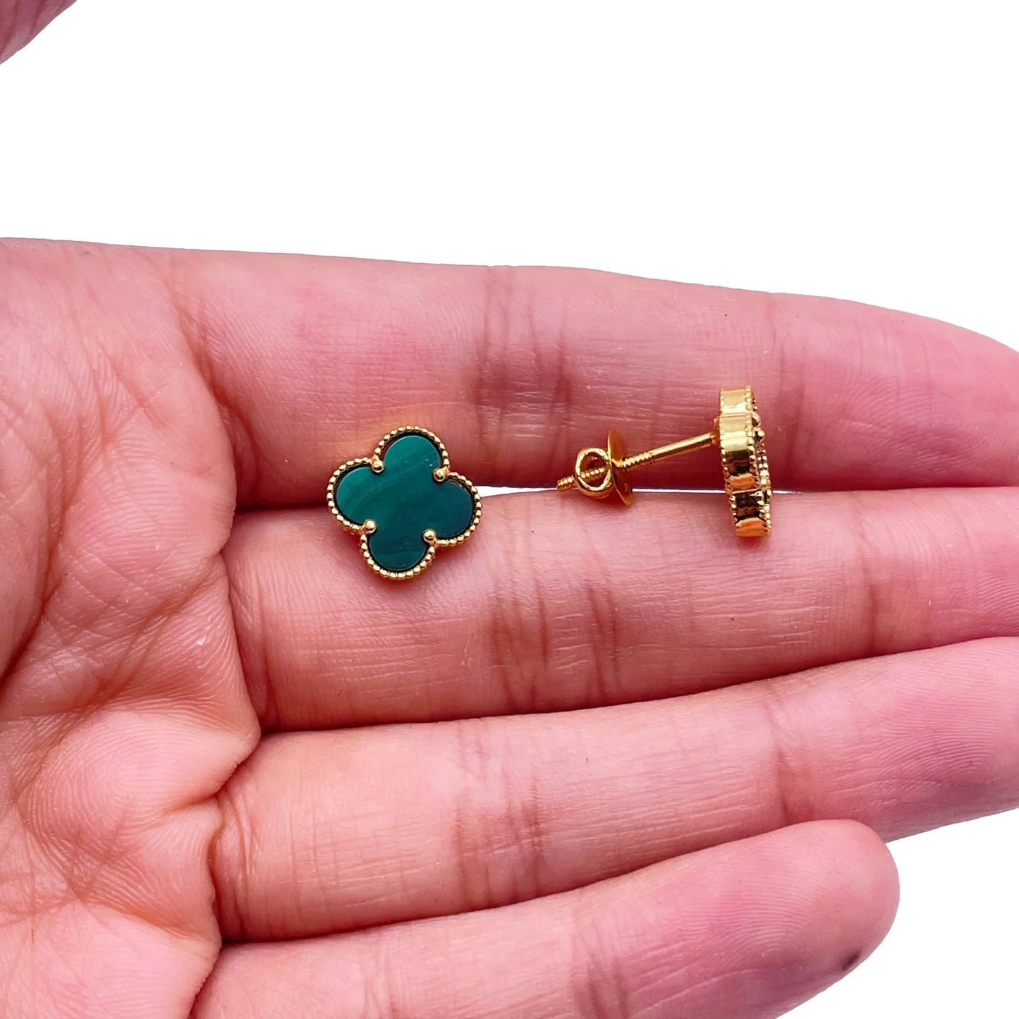 22ct Yellow Gold Malachite Clover Stud Earrings 11mm Width 