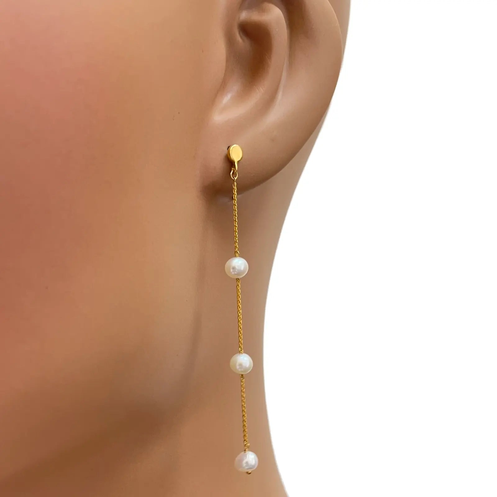 22ct Yellow Gold Natural Freshwater Three White Pearl Drop Earrings 2.5 Inches 
