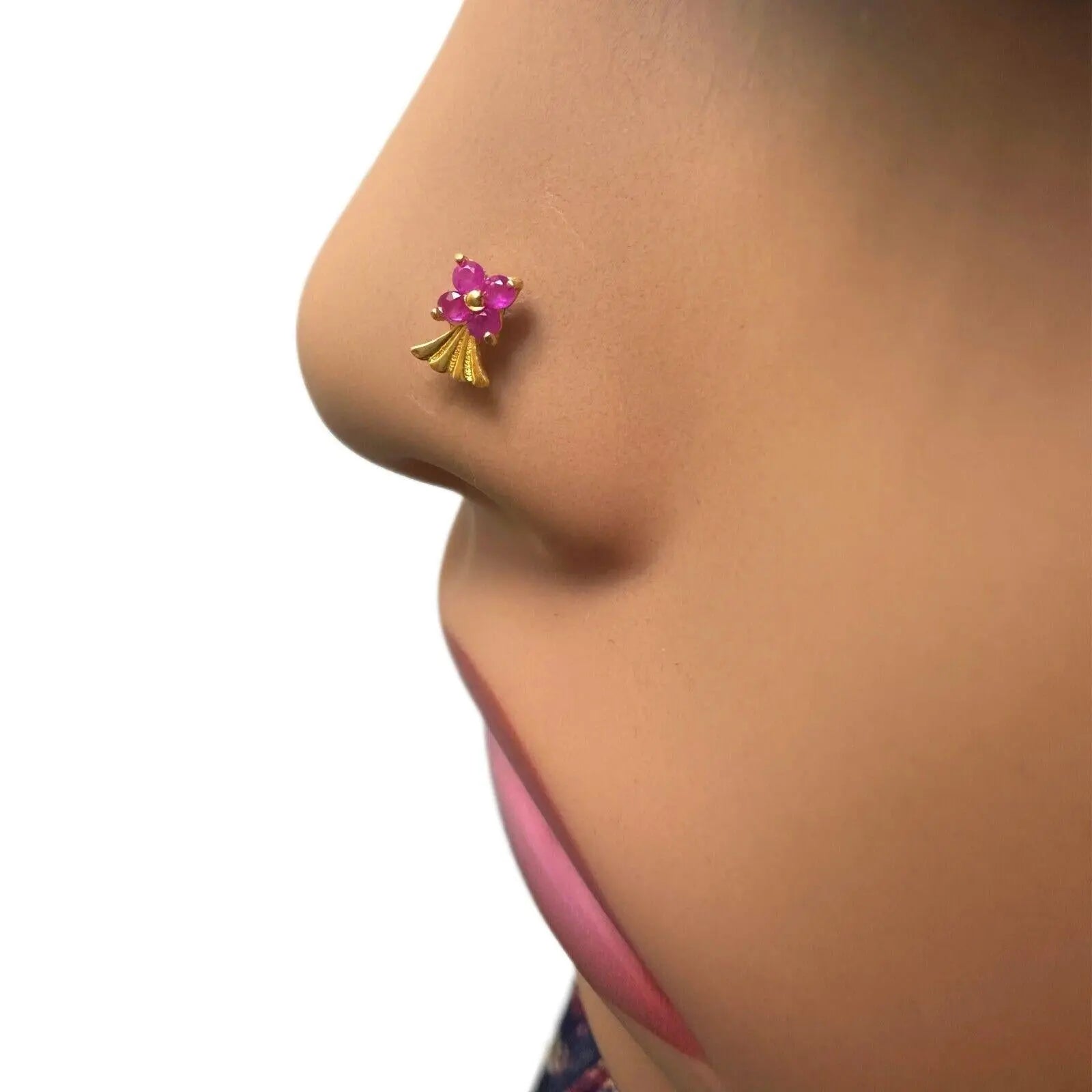 22ct Yellow Gold Nose Stud With Four Natural Ruby Stones / Stylish Nose Pin 