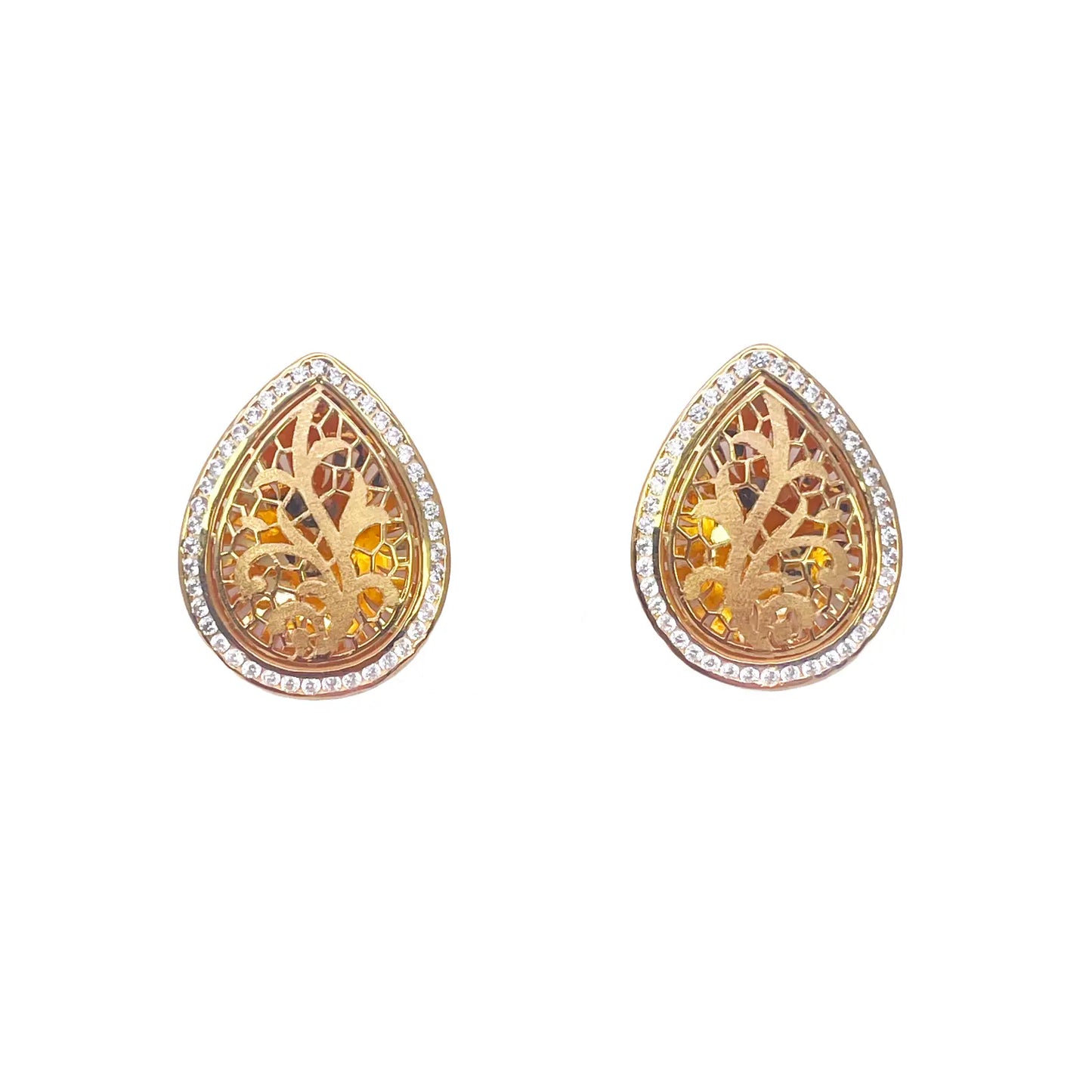 22ct Yellow Gold Teardrop Floral Dome Halo Pendant and Teardrop Earrings Set 