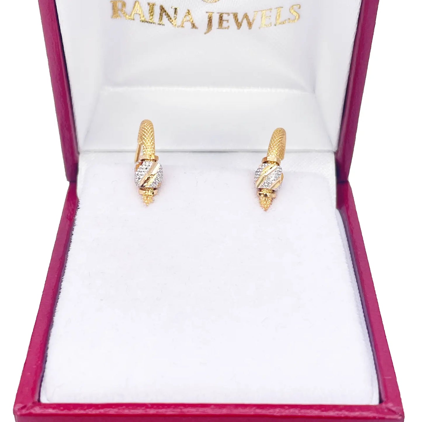 22ct Yellow Gold Textured Two-Tone Beaded Hoop Huggie Earrings 14mm Diameter 