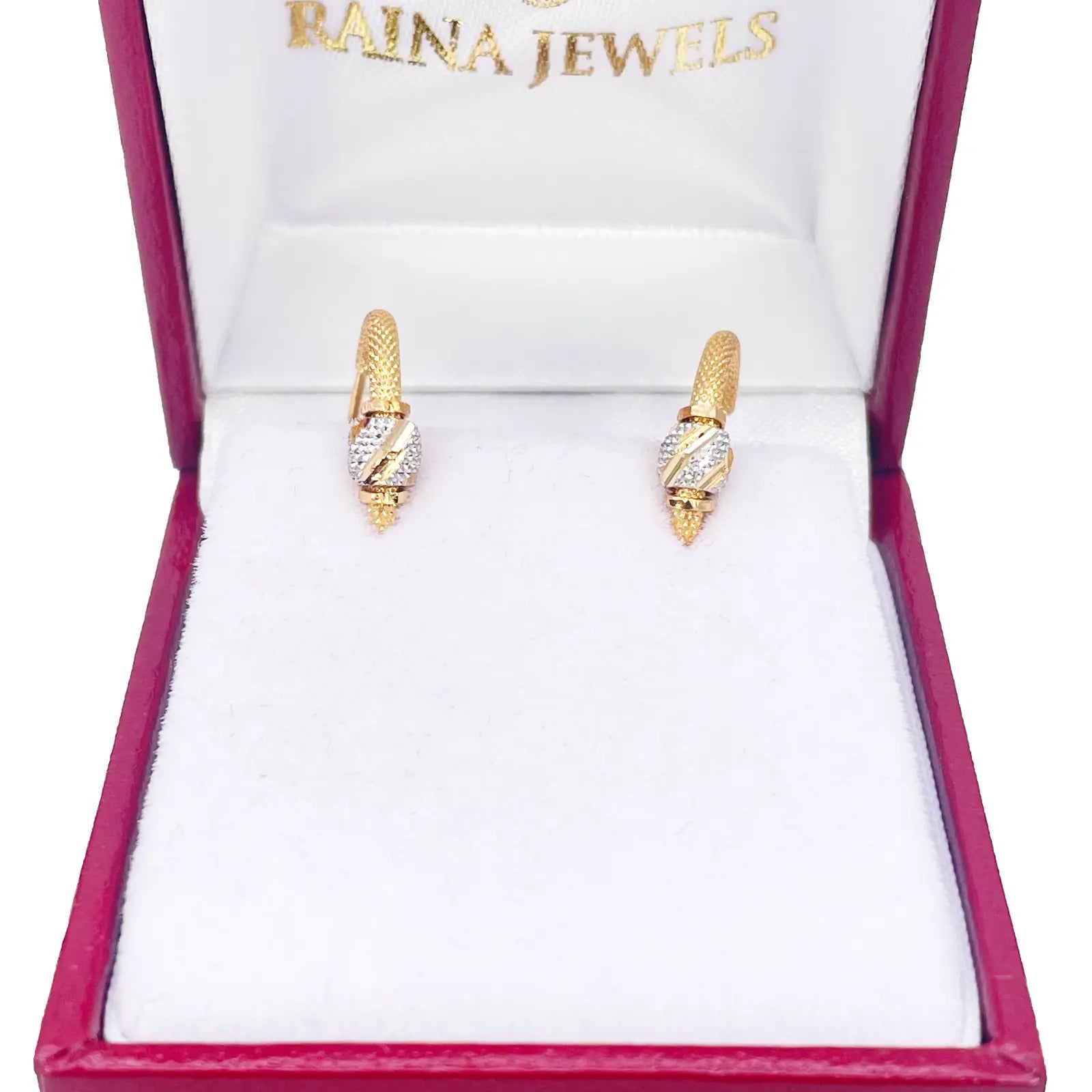 22ct Yellow Gold Textured Two-Tone Beaded Hoop Huggie Earrings 14mm Diameter 